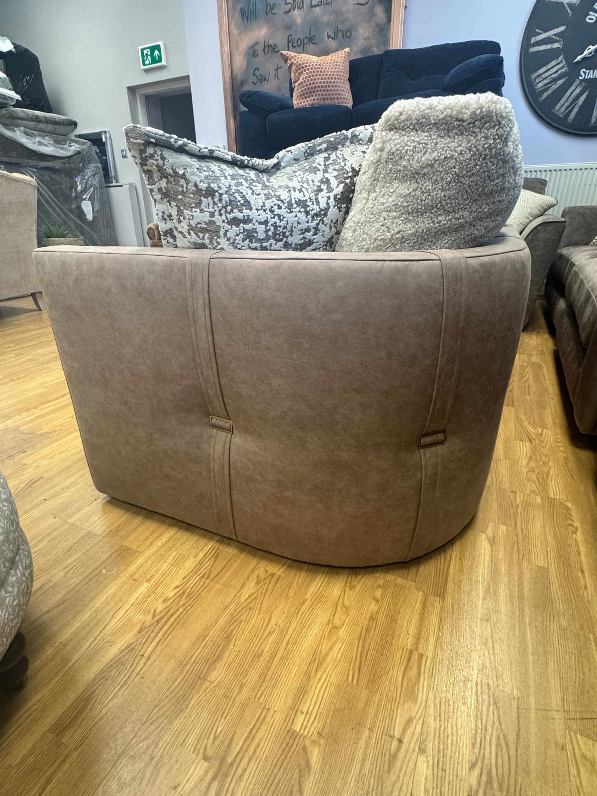 Proto 4 seater split sofa in half faux tan leather and cream borg fabric