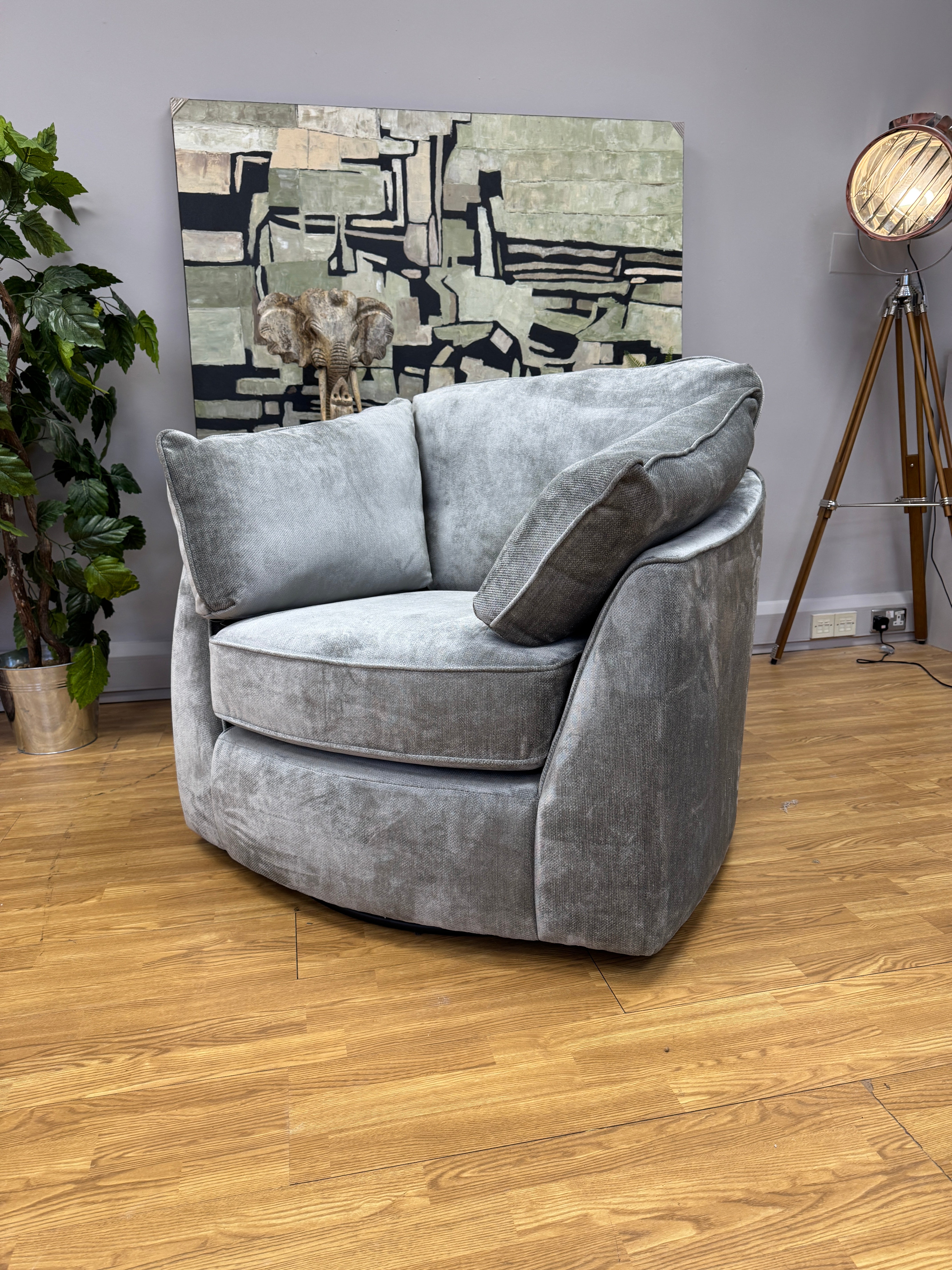 Borelly round cushion back swivel chair in grey velvet fabric