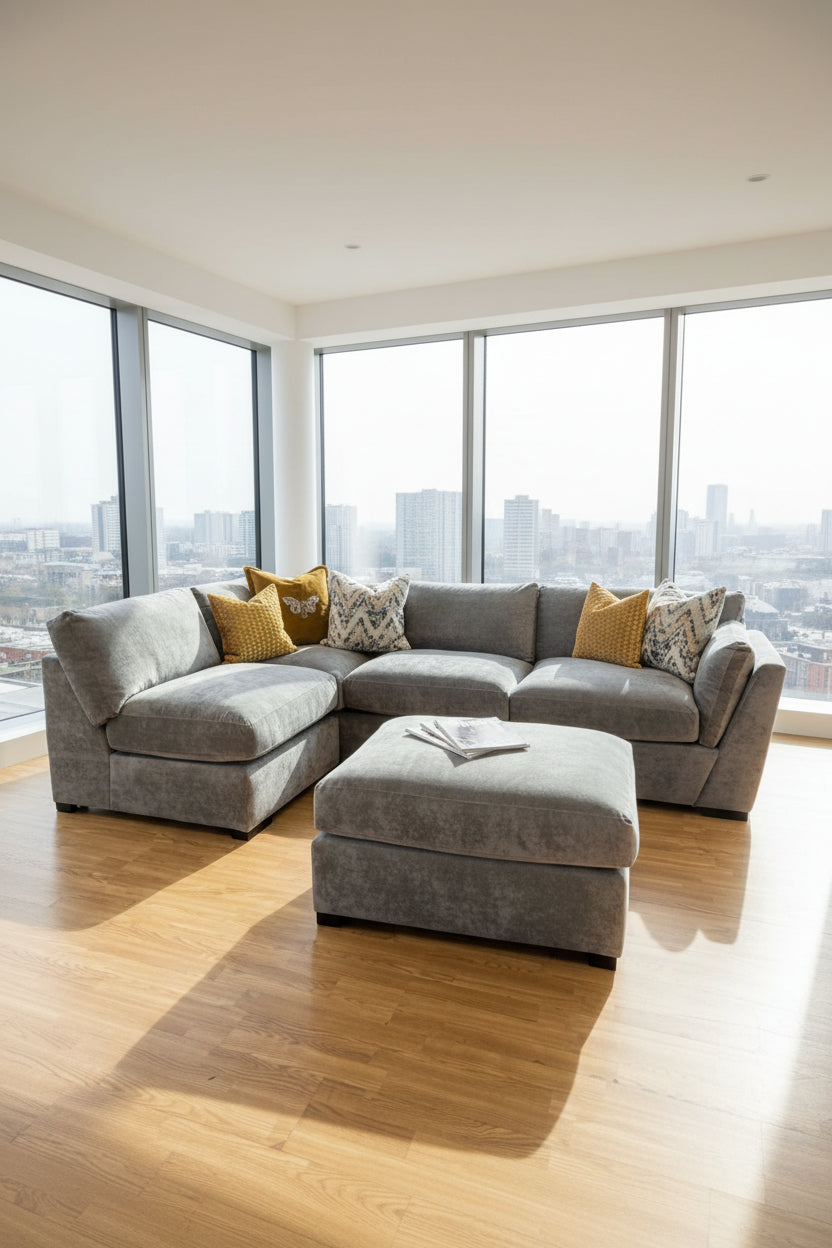 Phoenix left facing corner chaise sofa with footstool in Kingston Grey fabric