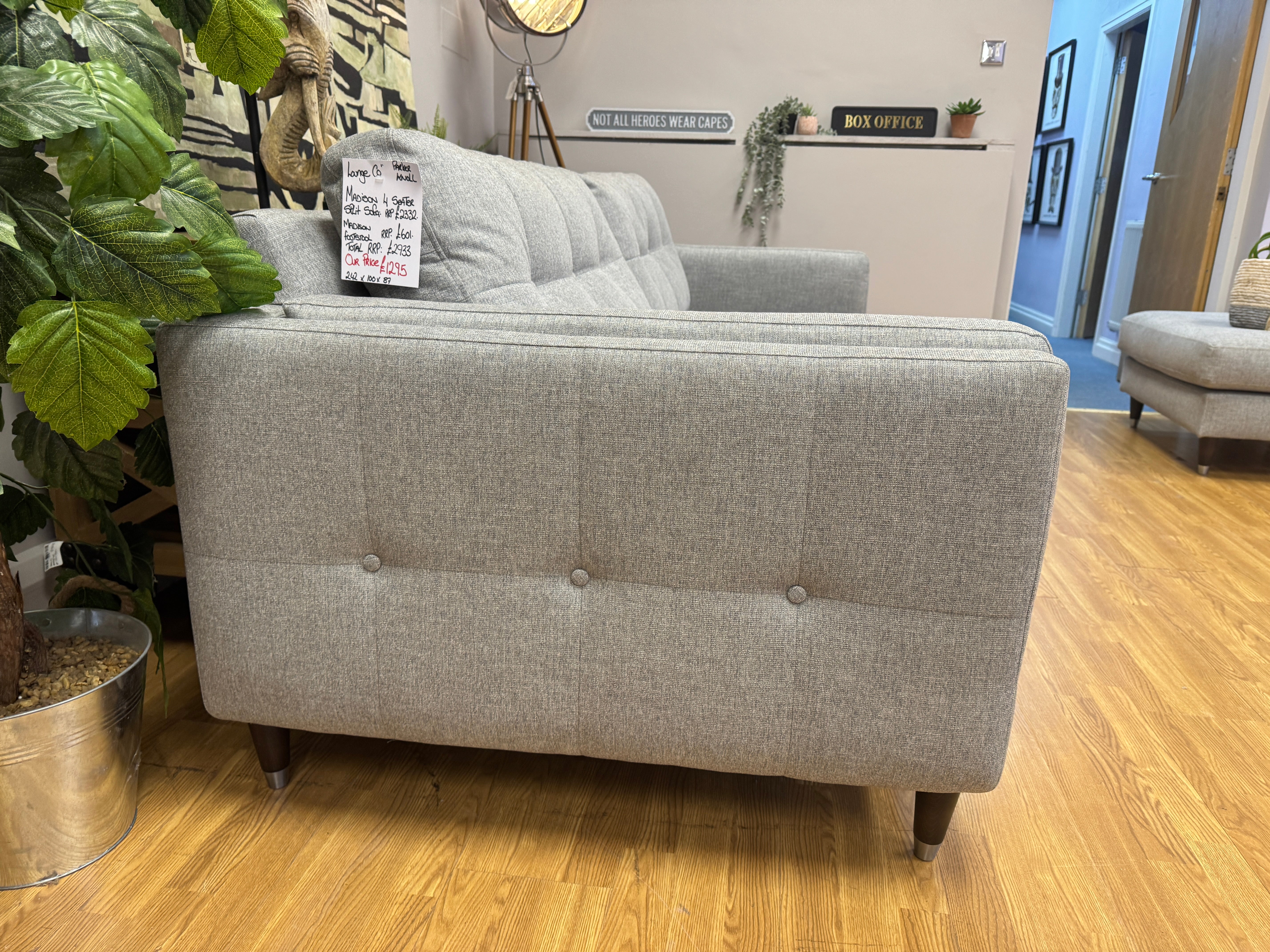 The Lounge Company Madison 4 seater split sofa in grey basket weave fabric & footstool