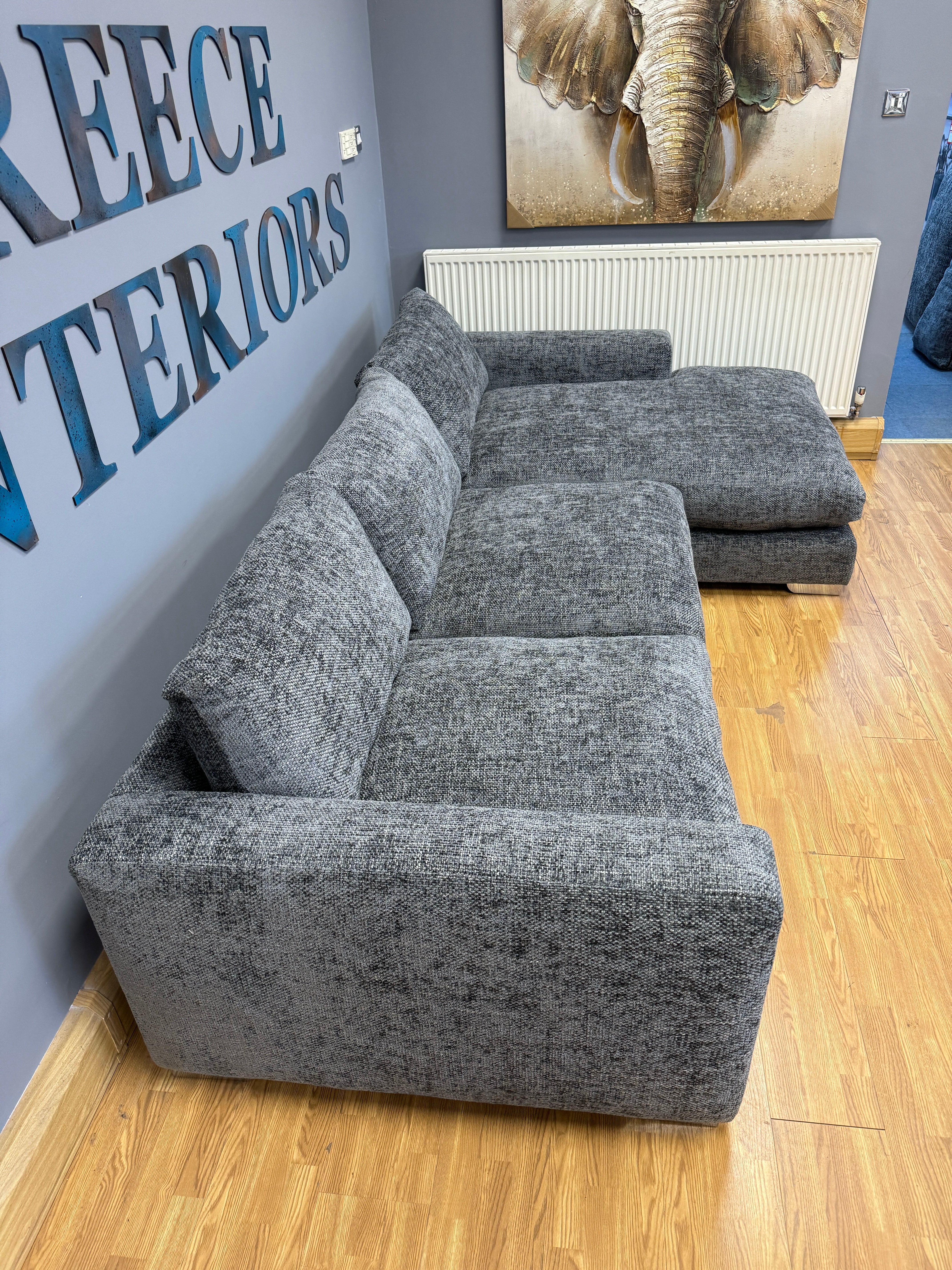 Majestic 2 piece right facing chaise sofa in charcoal chunky chenille weave