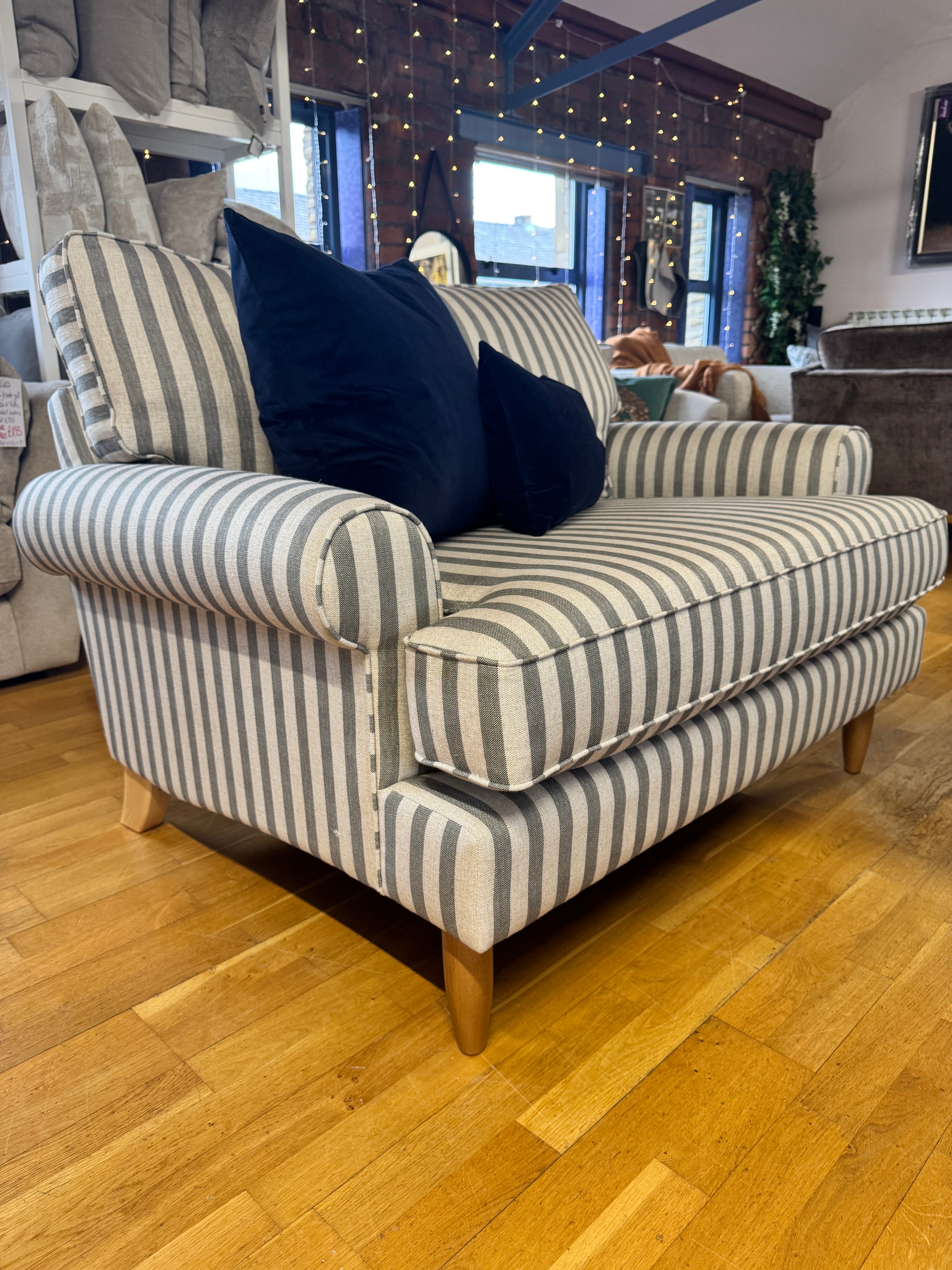 Finchley loveseat snuggle chair in linen mix grey stripe fabric