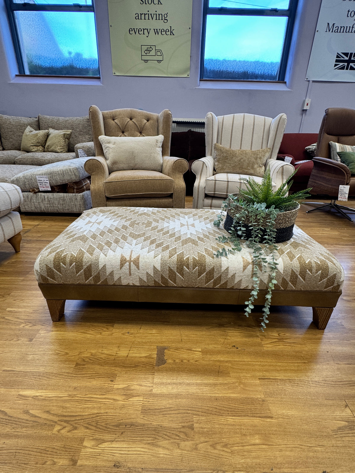 Heather high back winged armchair in natural & honey striped chenille