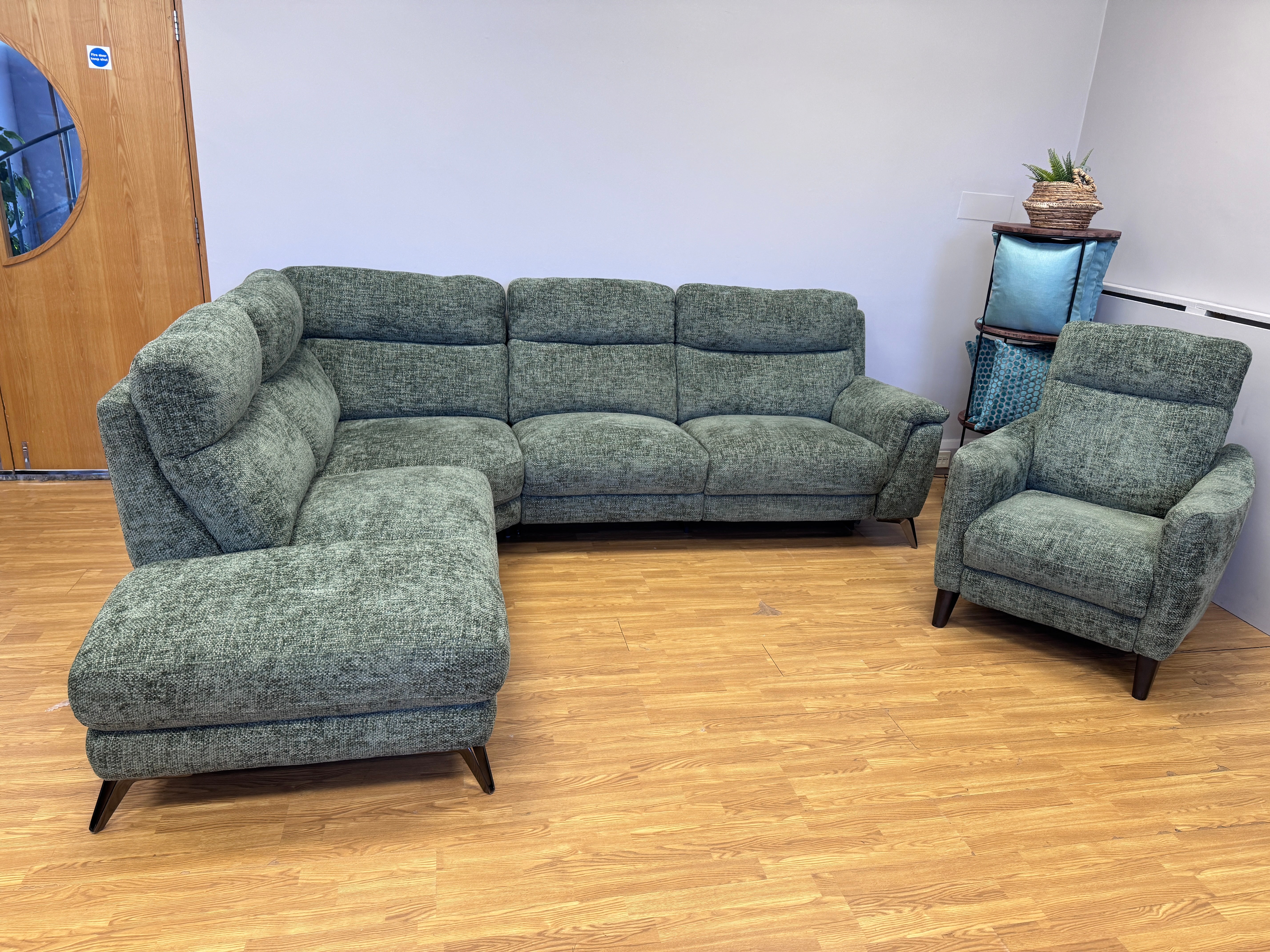 Contempo Left facing Electric reclining corner sofa & matching reclining chair in green chenille basket weave fabric