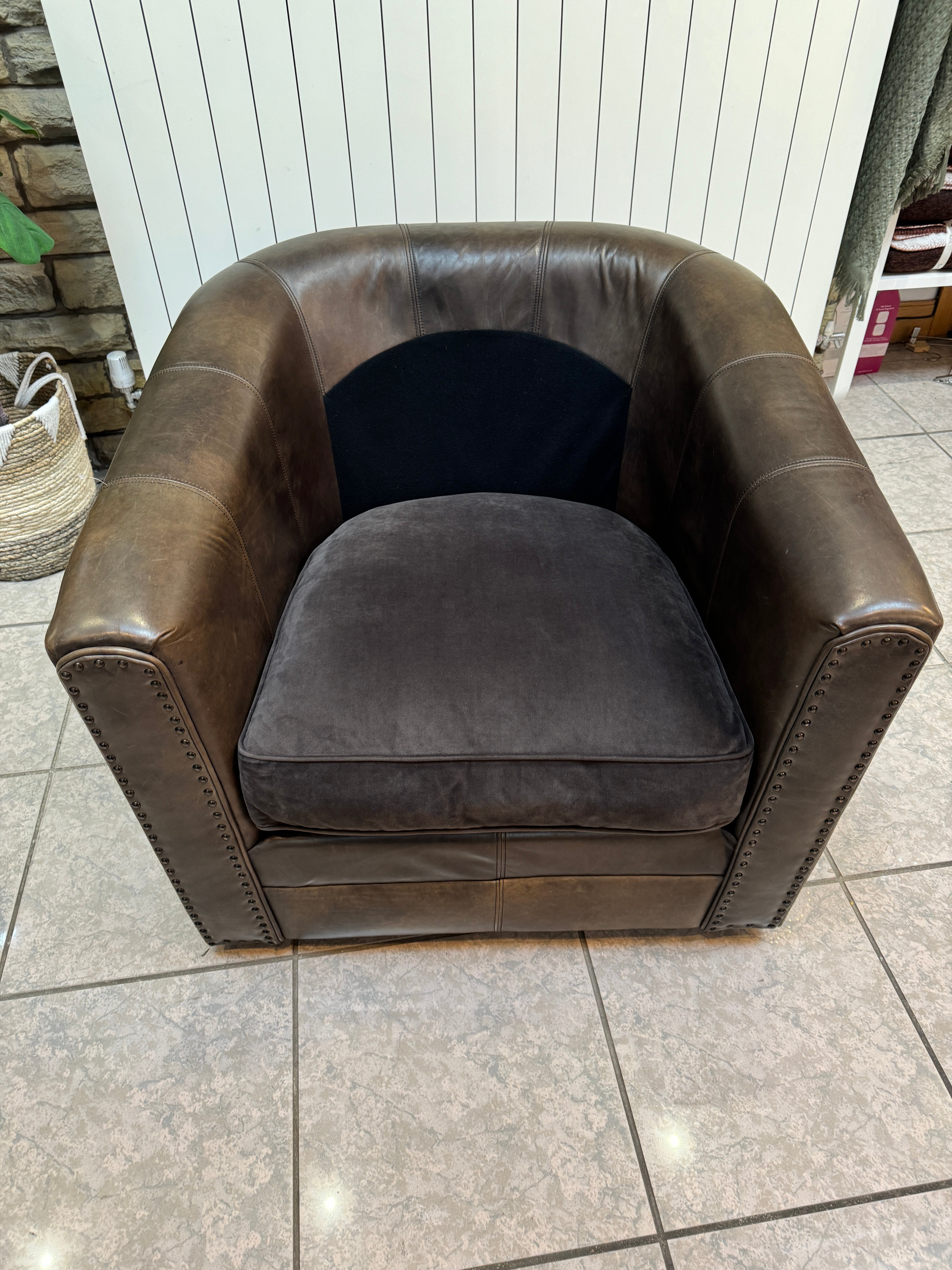 Glimmer swivel base accent tub chair in Cognac brown distressed leather & velvet