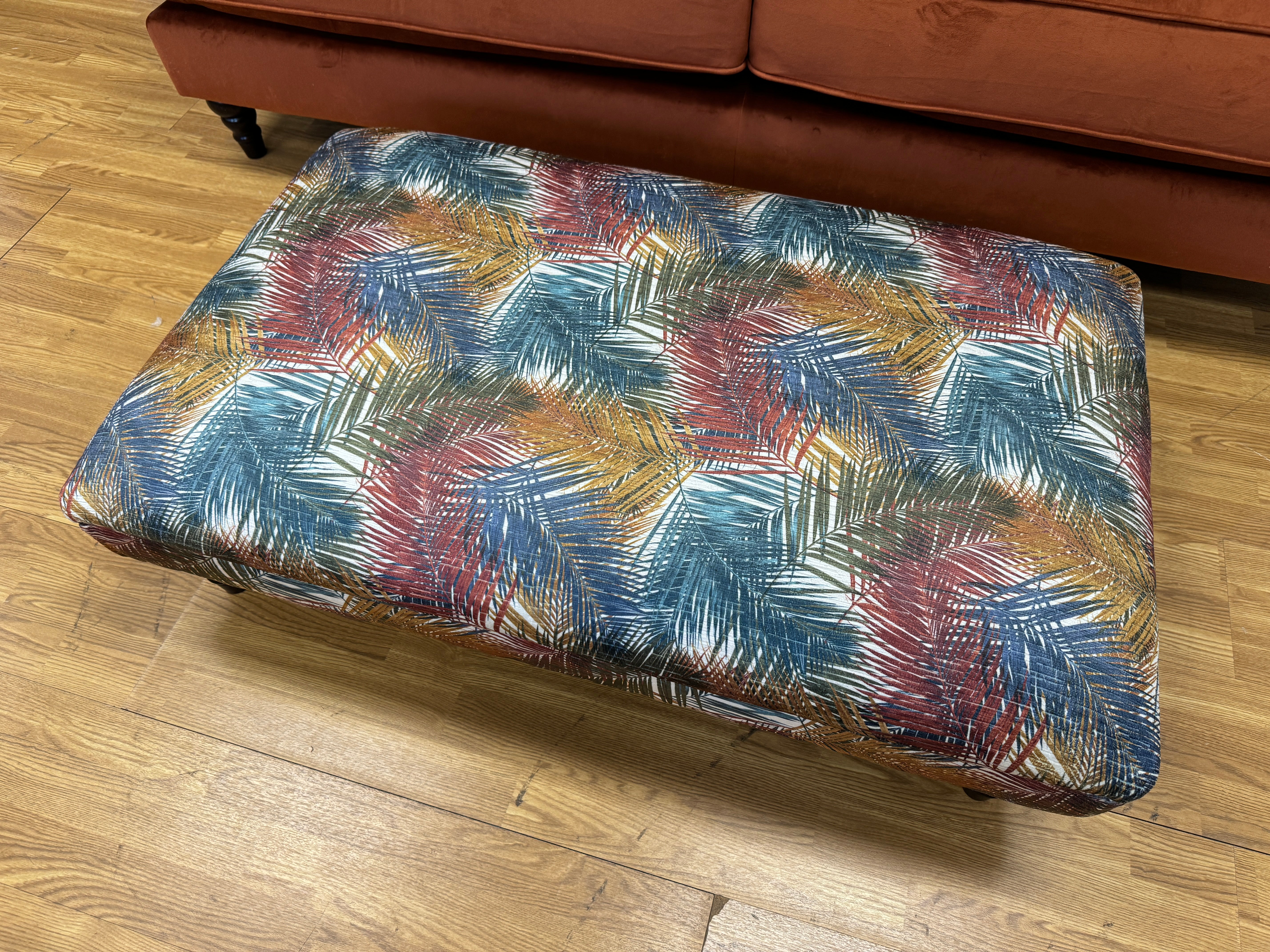 BEATRIX low bench style Footstool in tropical leaf print velvet