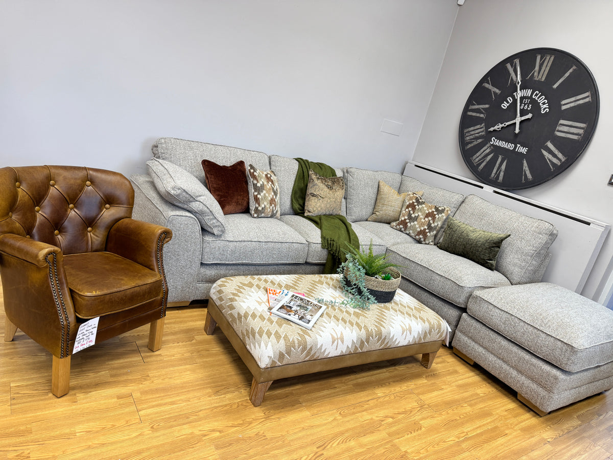 Proto right facing open corner sofa with footstool in Osaka Coppice fabric