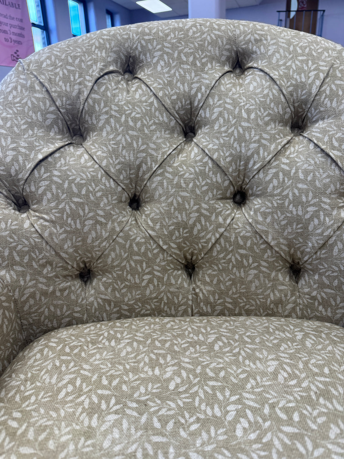 Clover small button back accent chair in Petal stone pattern fabric