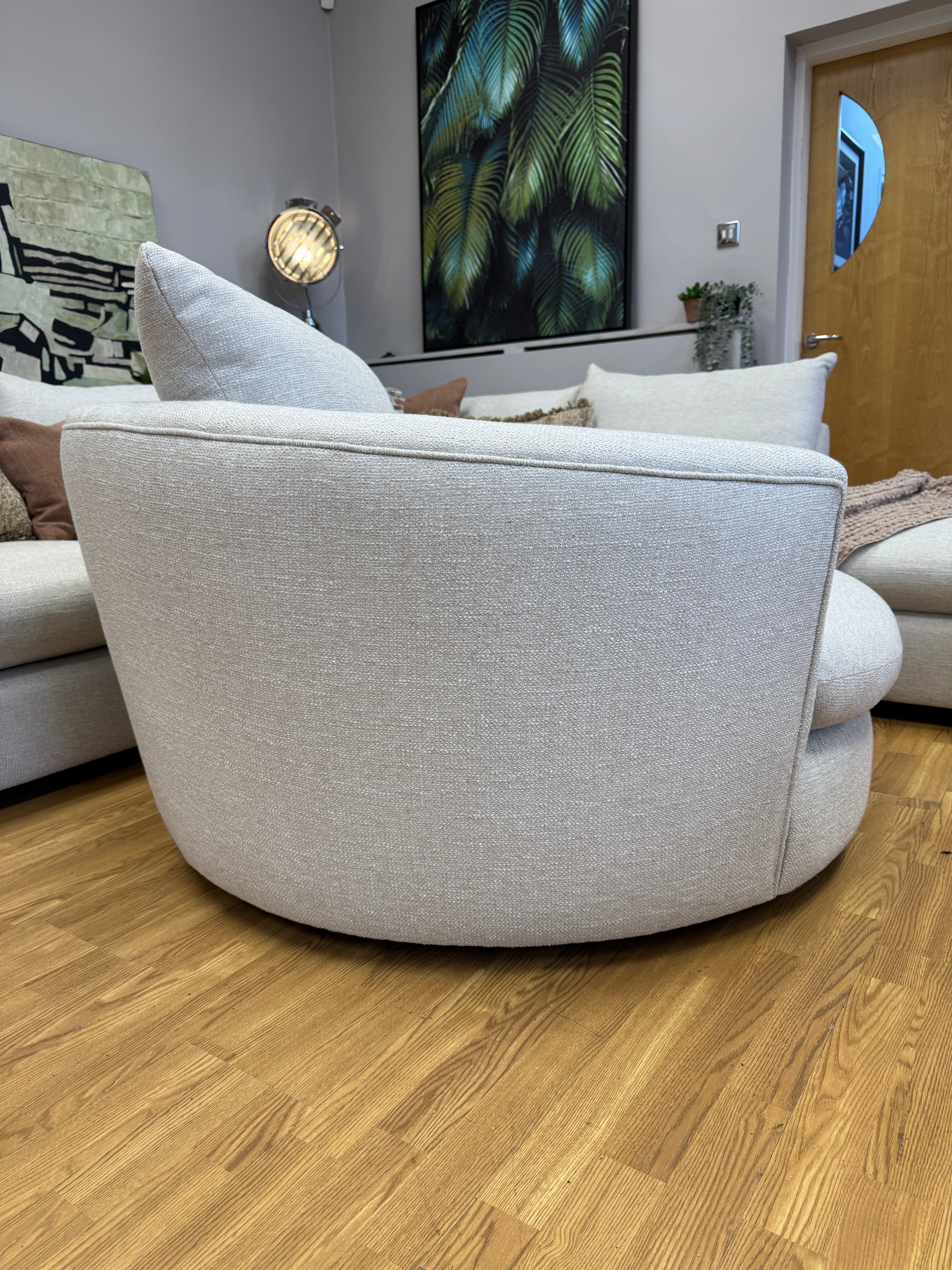 Hampton round swivel base loveseat in natural soft weave fabric