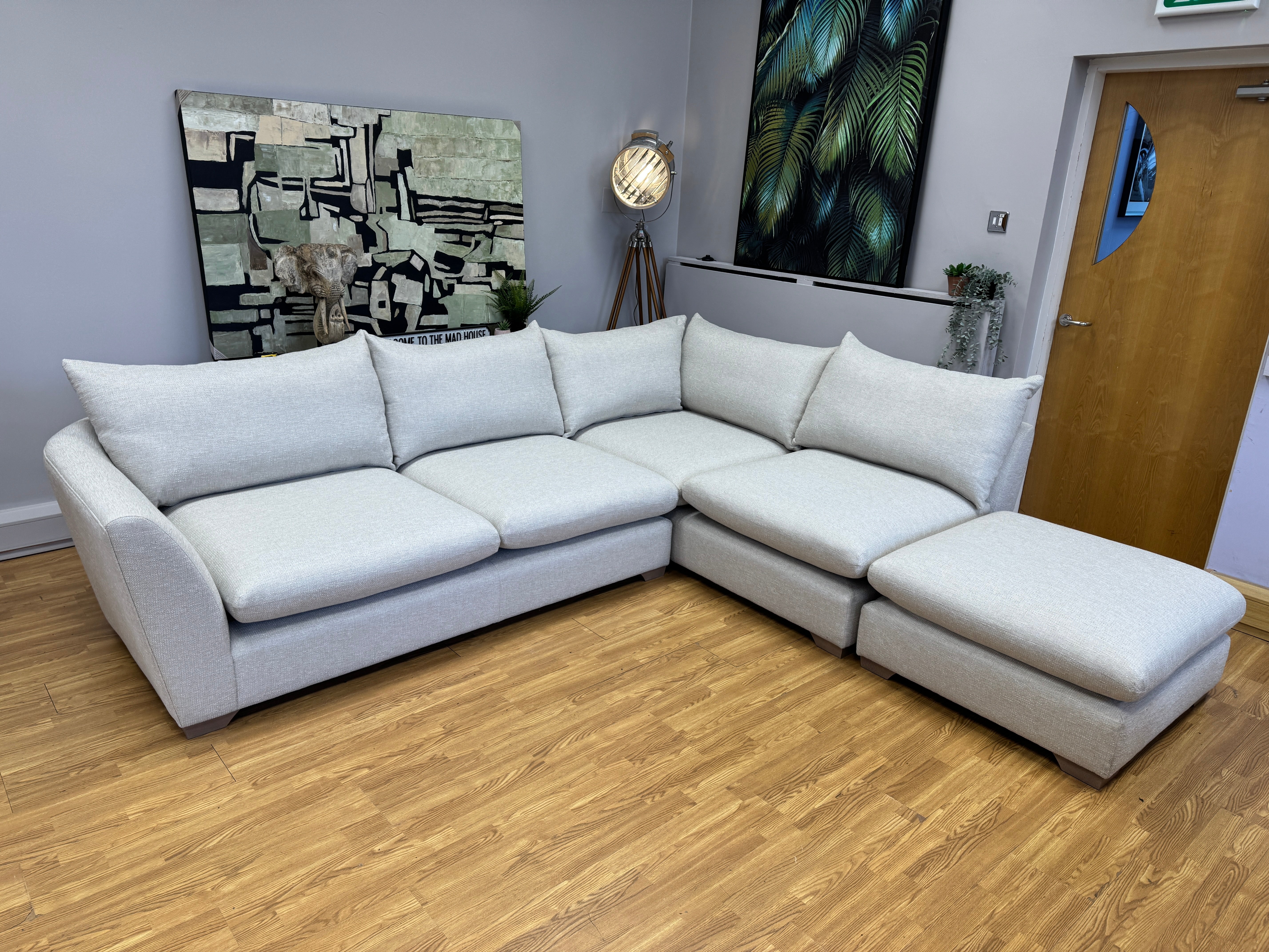 Hampton 3 piece right facing corner sofa & footstool in natural soft weave