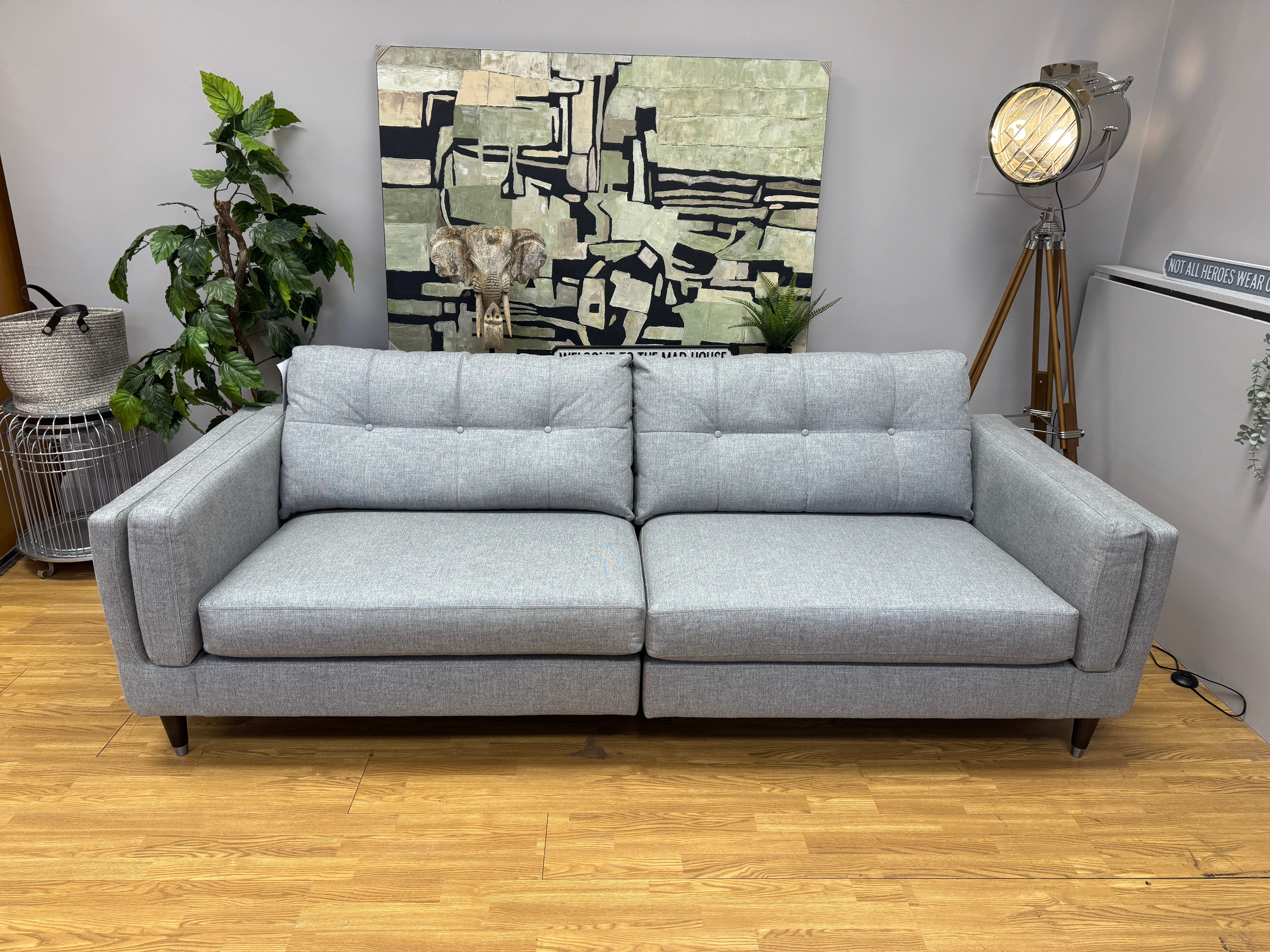 The Lounge Company Madison 4 seater split sofa in grey basket weave fabric & footstool