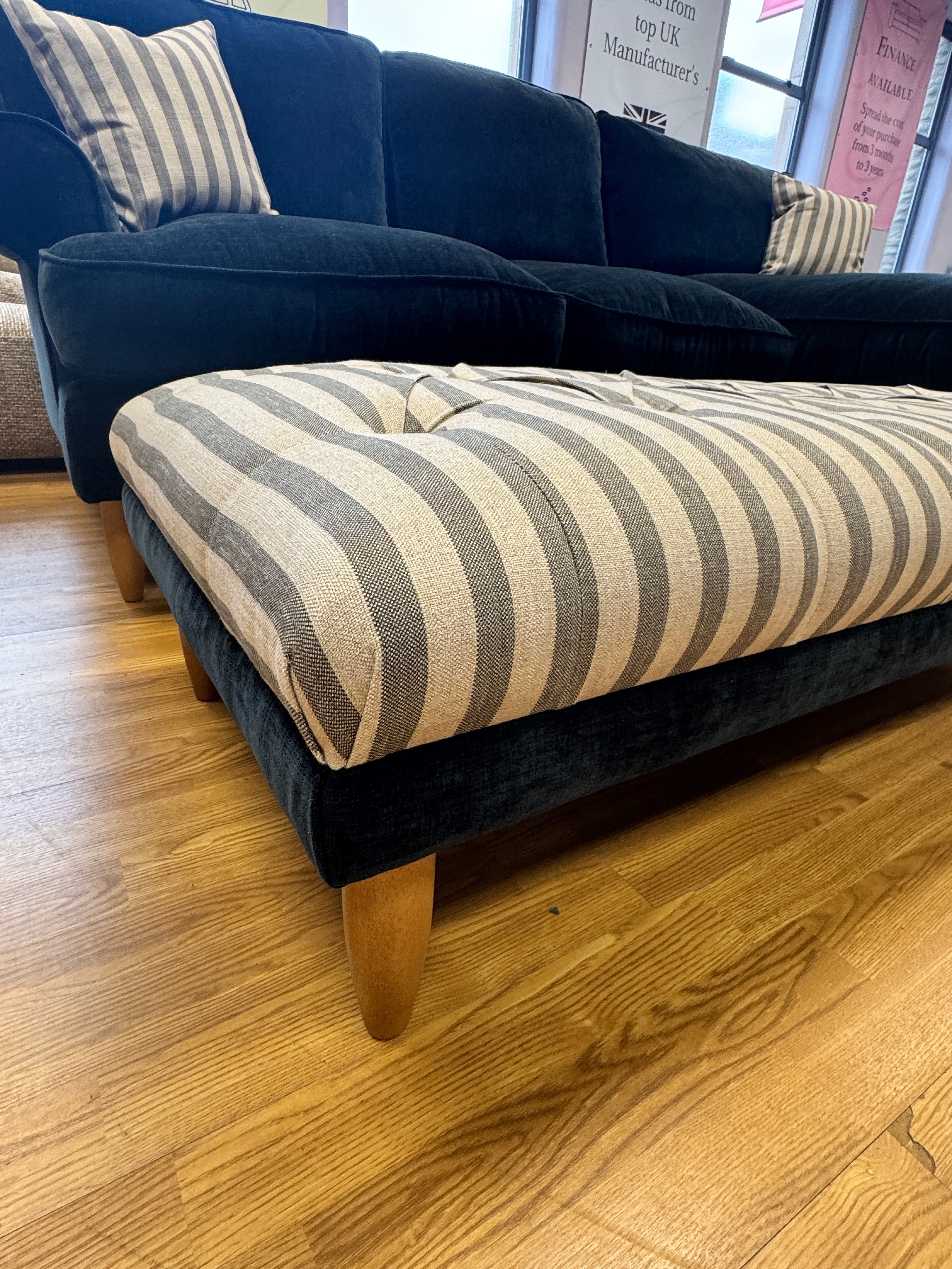 Finchley button top bench footstool in linen mix grey stripe fabric