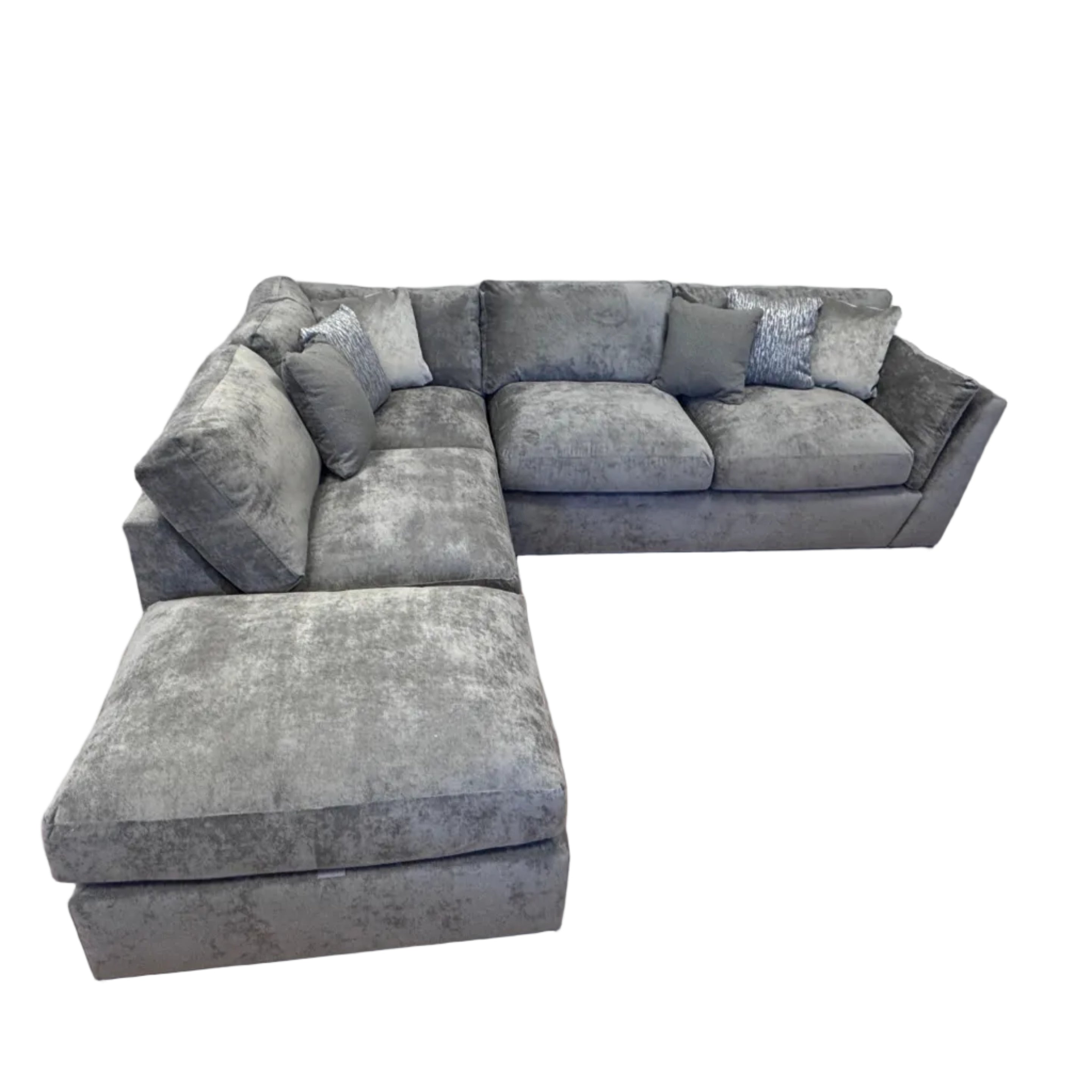 Phoenix left facing corner chaise sofa with footstool in Kingston Grey fabric
