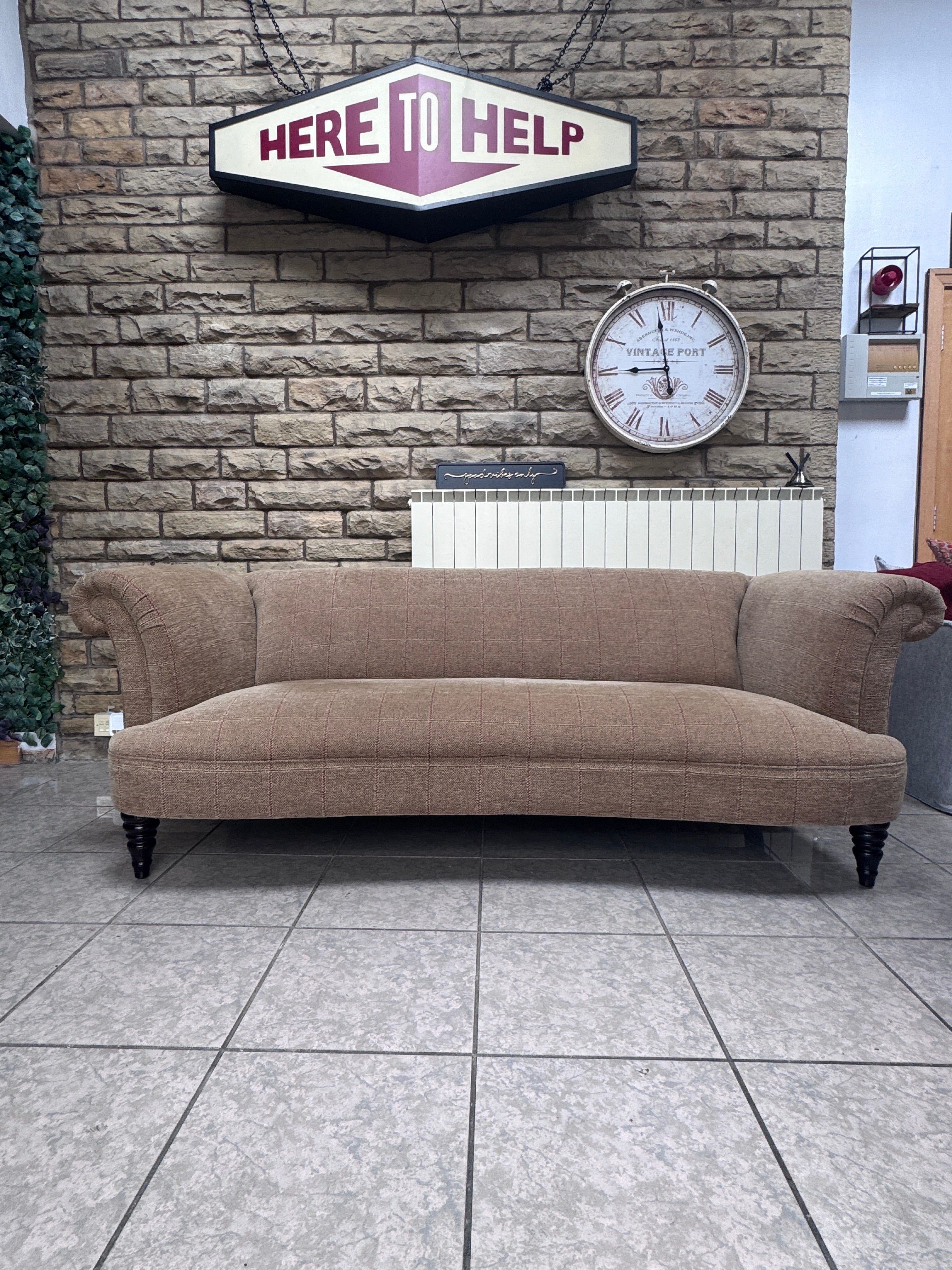 Isabelle large 3 seater scroll back sprung seat sofa in Montauk Gold fabric
