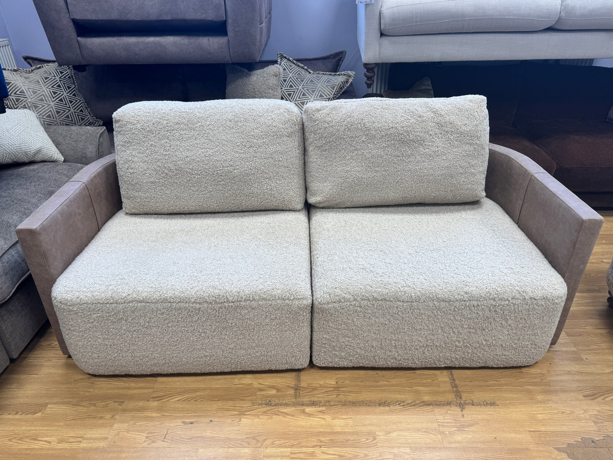 Proto 4 seater split sofa in half faux tan leather and cream borg fabric