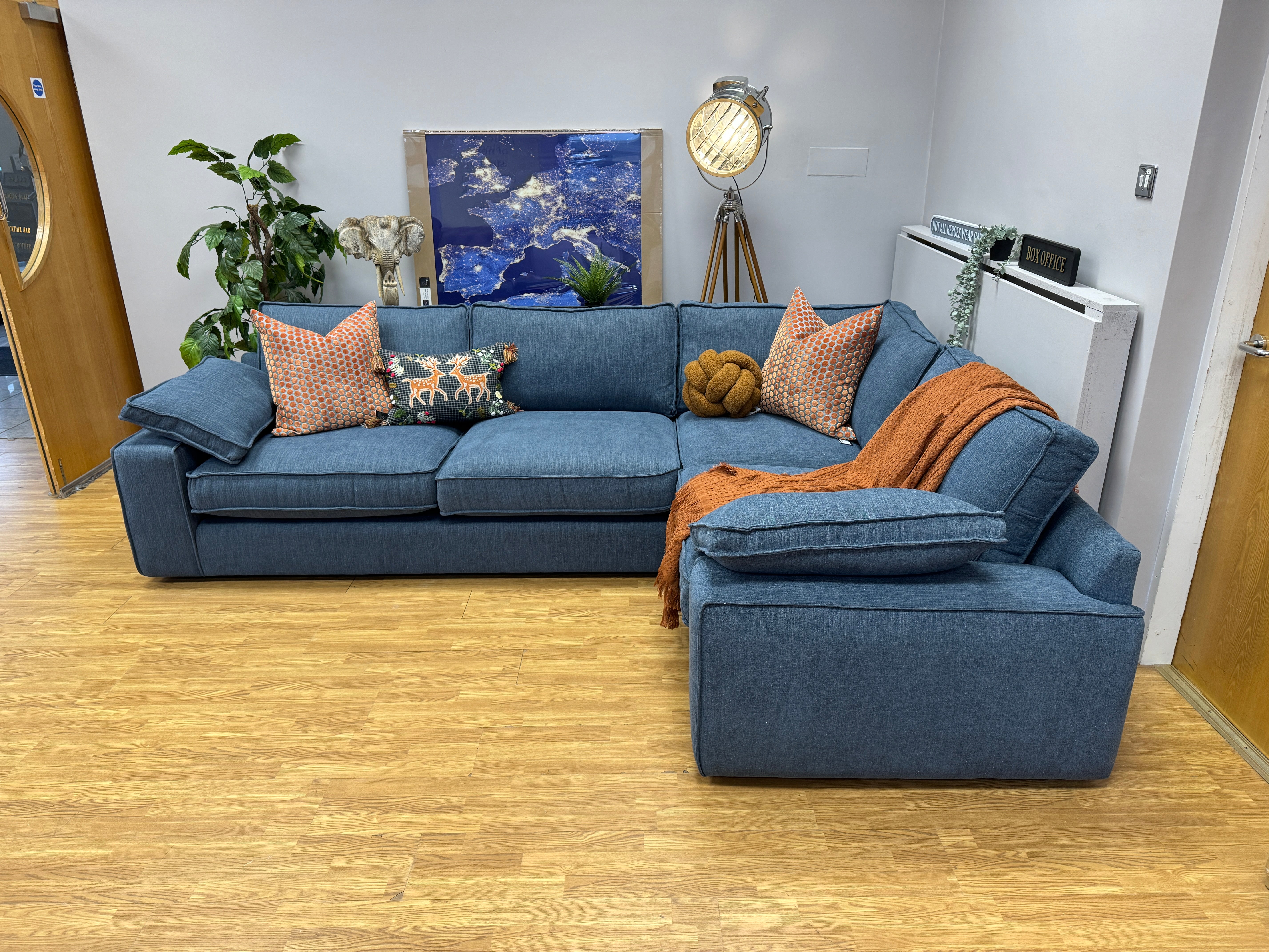 Aspen 3 piece right facing corner sofa in Kingham Waves (denim blue) fabric