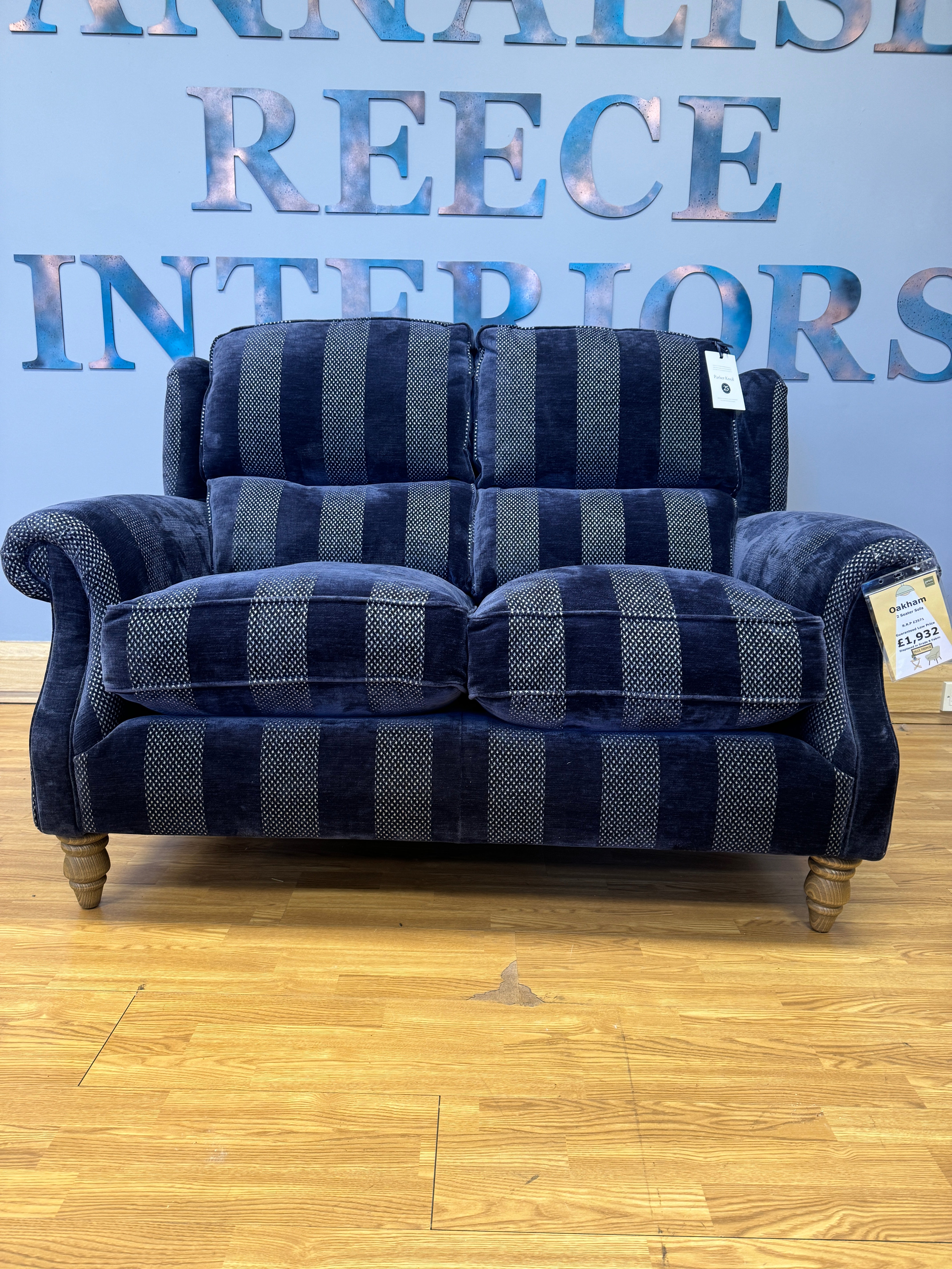 Parker Knoll Oakham 2 seater sofa in Asta Stripe Royal blue fabric