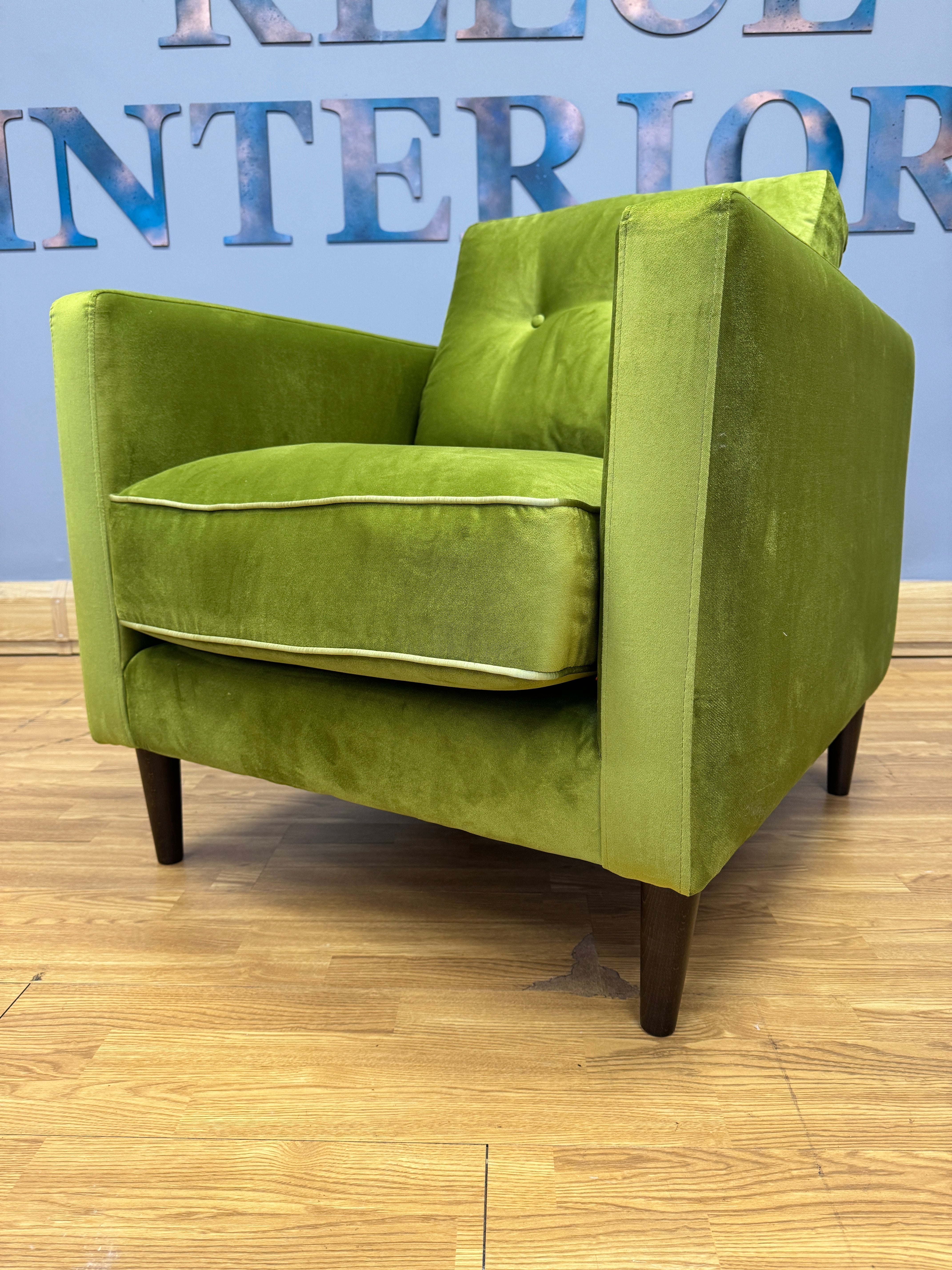 Orla Kiely Sample accent chair in lime green velvet fabric