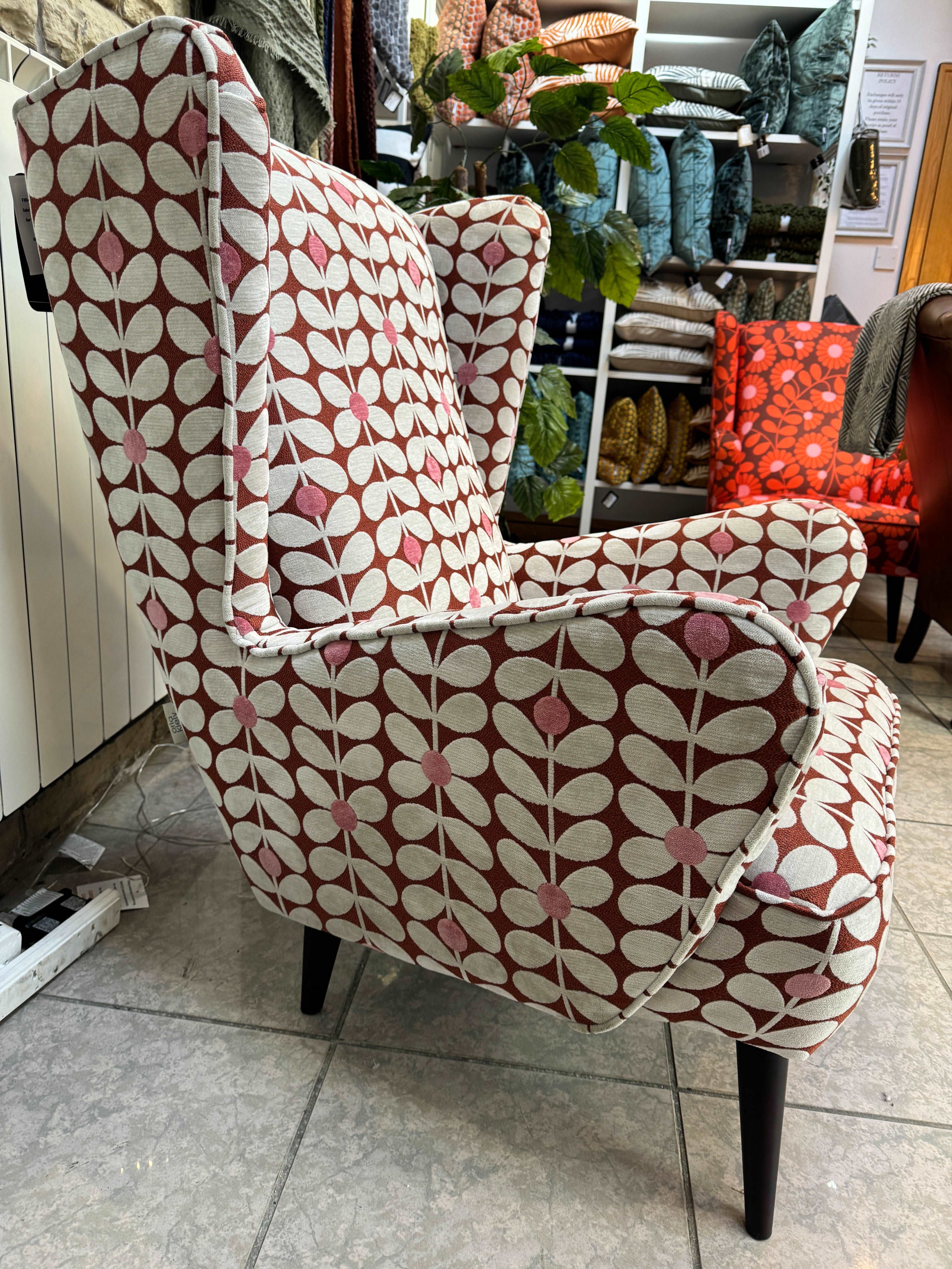 Alma large wingback armchair in Sixties retro stem fabric - RRP £1219