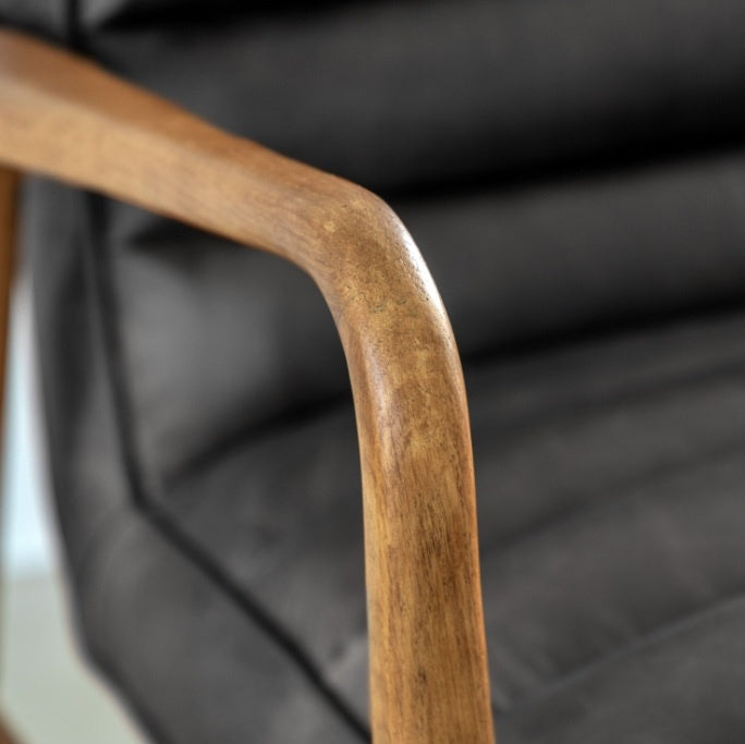 Datsun 2 seater ribbed leather sofa with oak frame