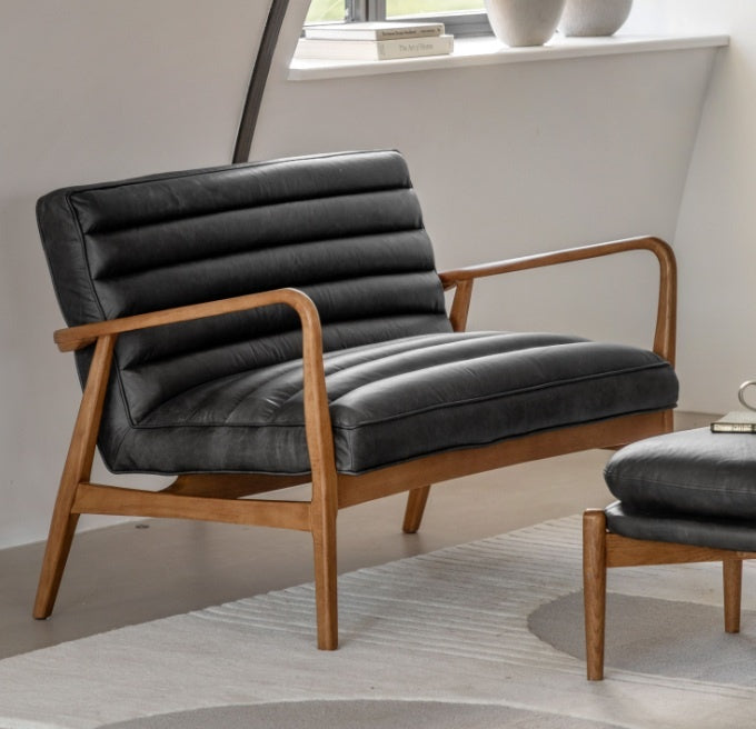 Datsun 2 seater ribbed leather sofa with oak frame