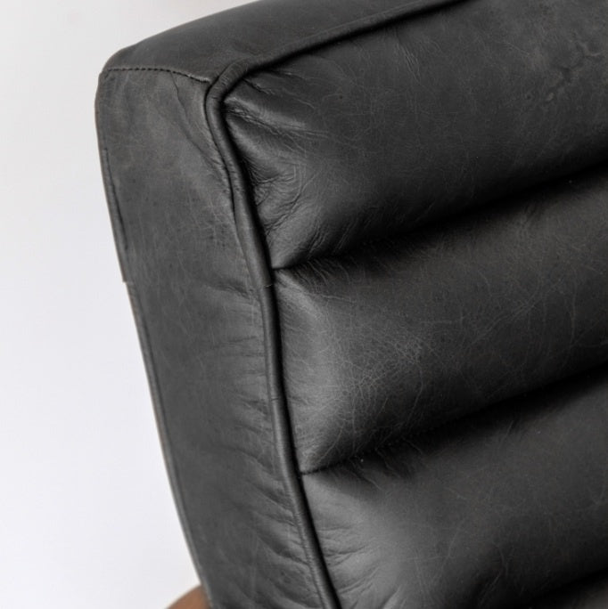 Datsun 2 seater ribbed leather sofa with oak frame