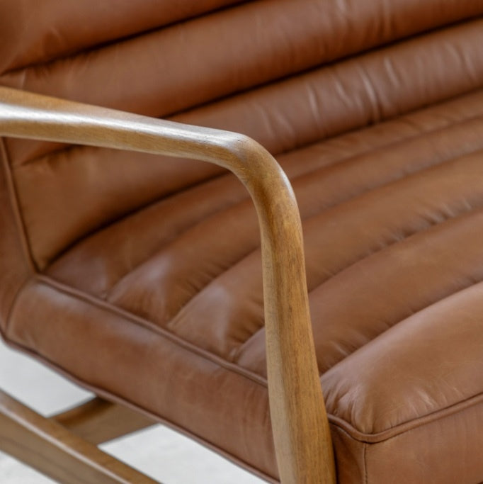 Datsun 2 seater ribbed leather sofa with oak frame