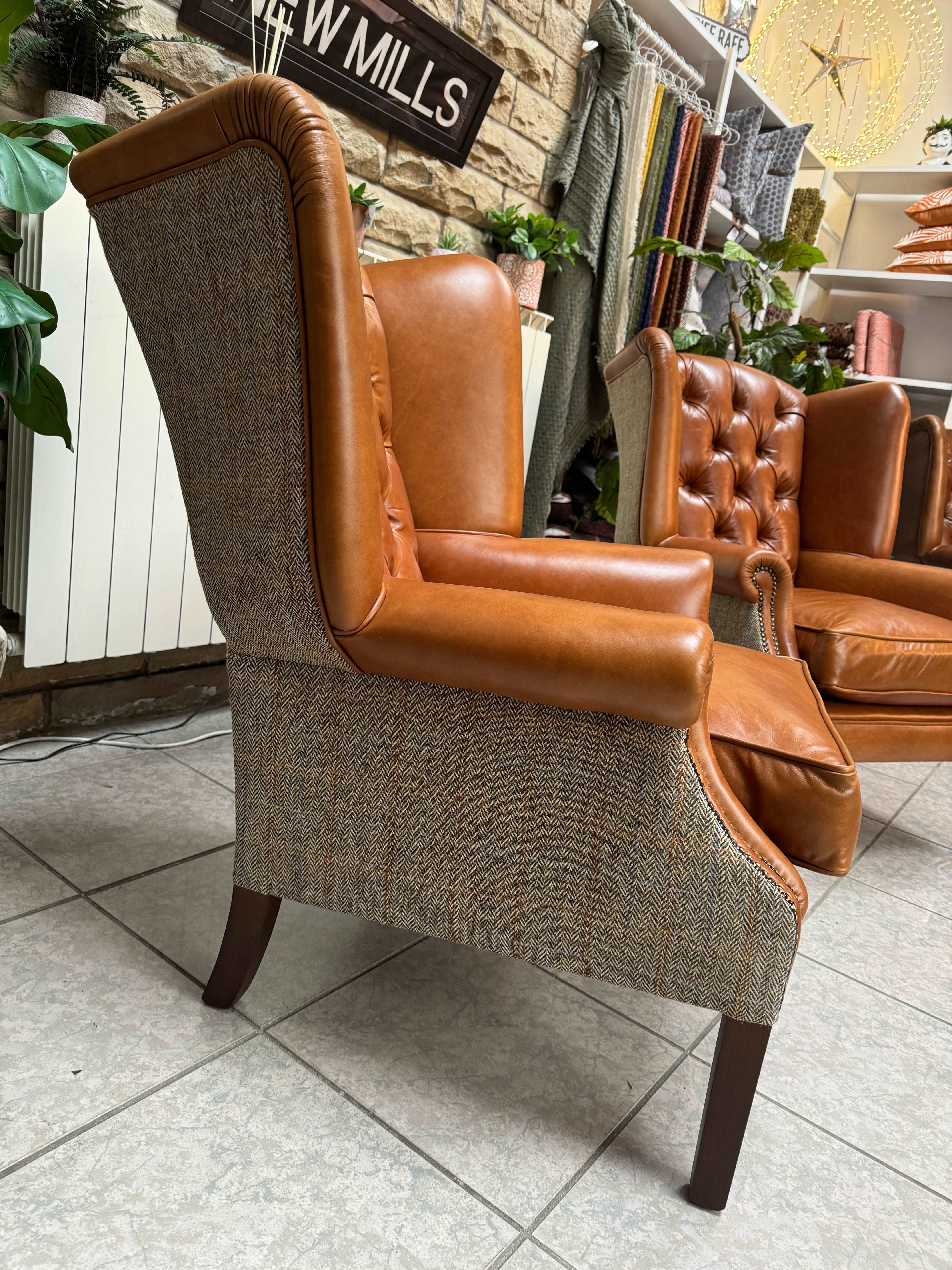 BUCKINGHAM Wing Armchair in Half Dark Caramel Leather & Harris Tweed fabric