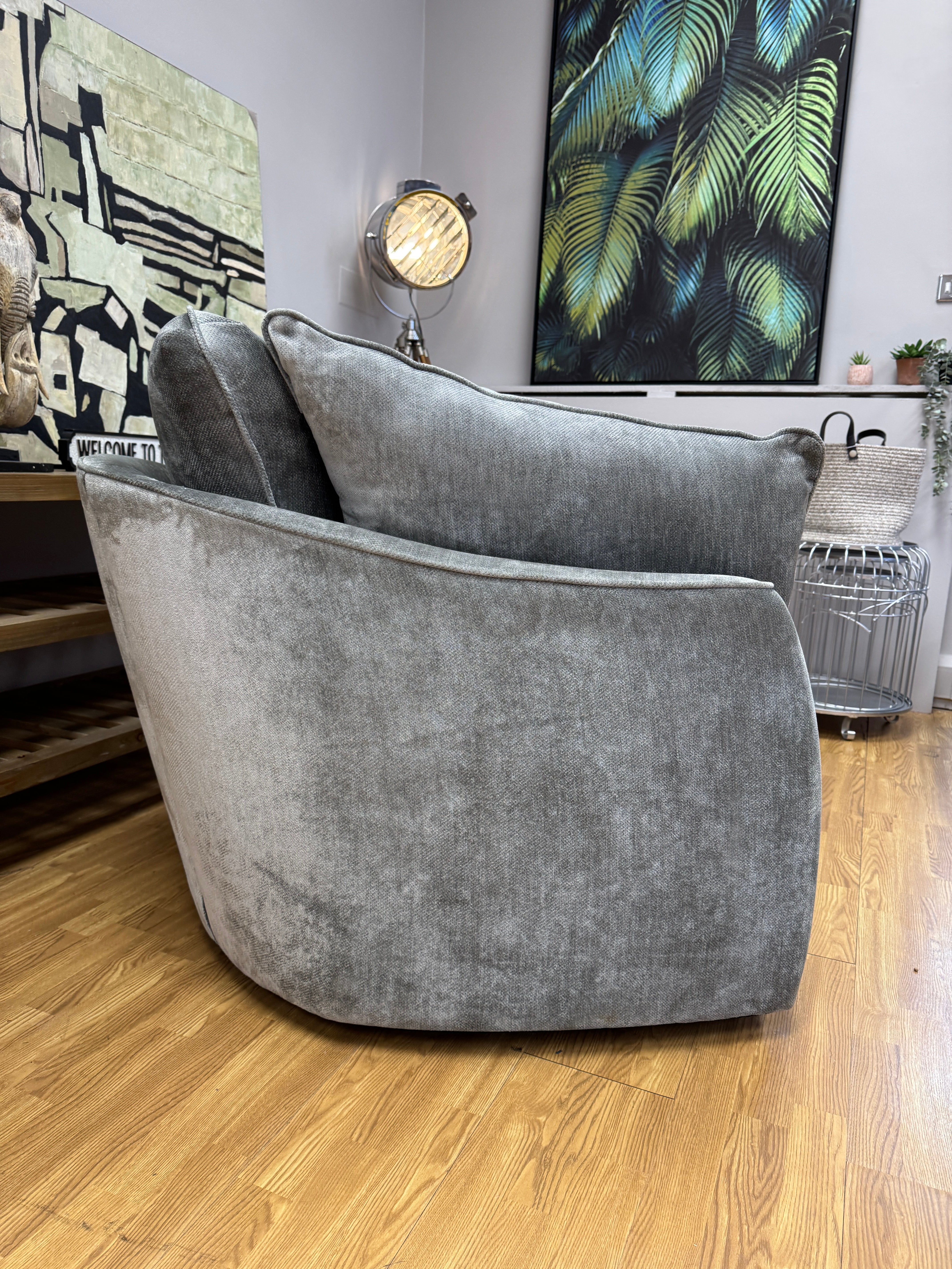 Borelly round cushion back swivel chair in grey velvet fabric