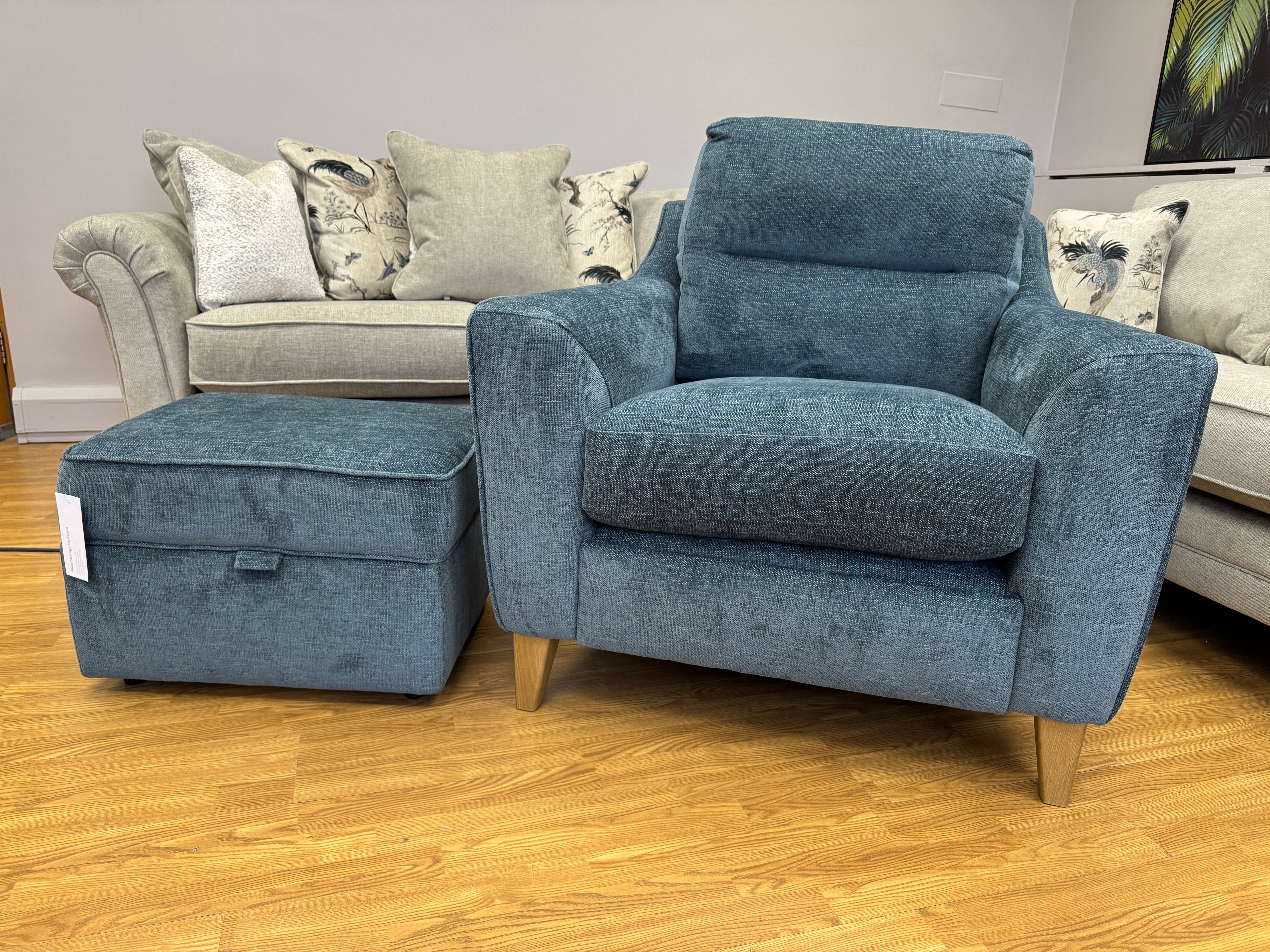 Small compact storage footstool in Marlon Atlantic blue fabric