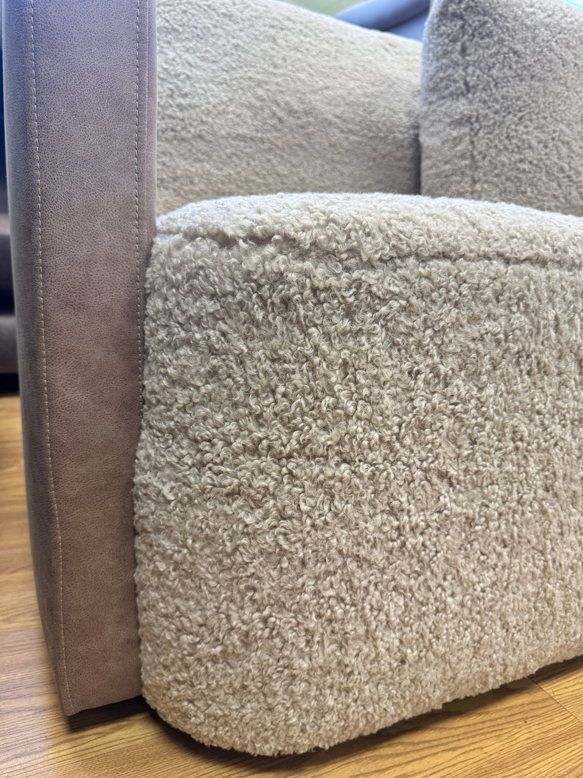 Proto 4 seater split sofa in half faux tan leather and cream borg fabric