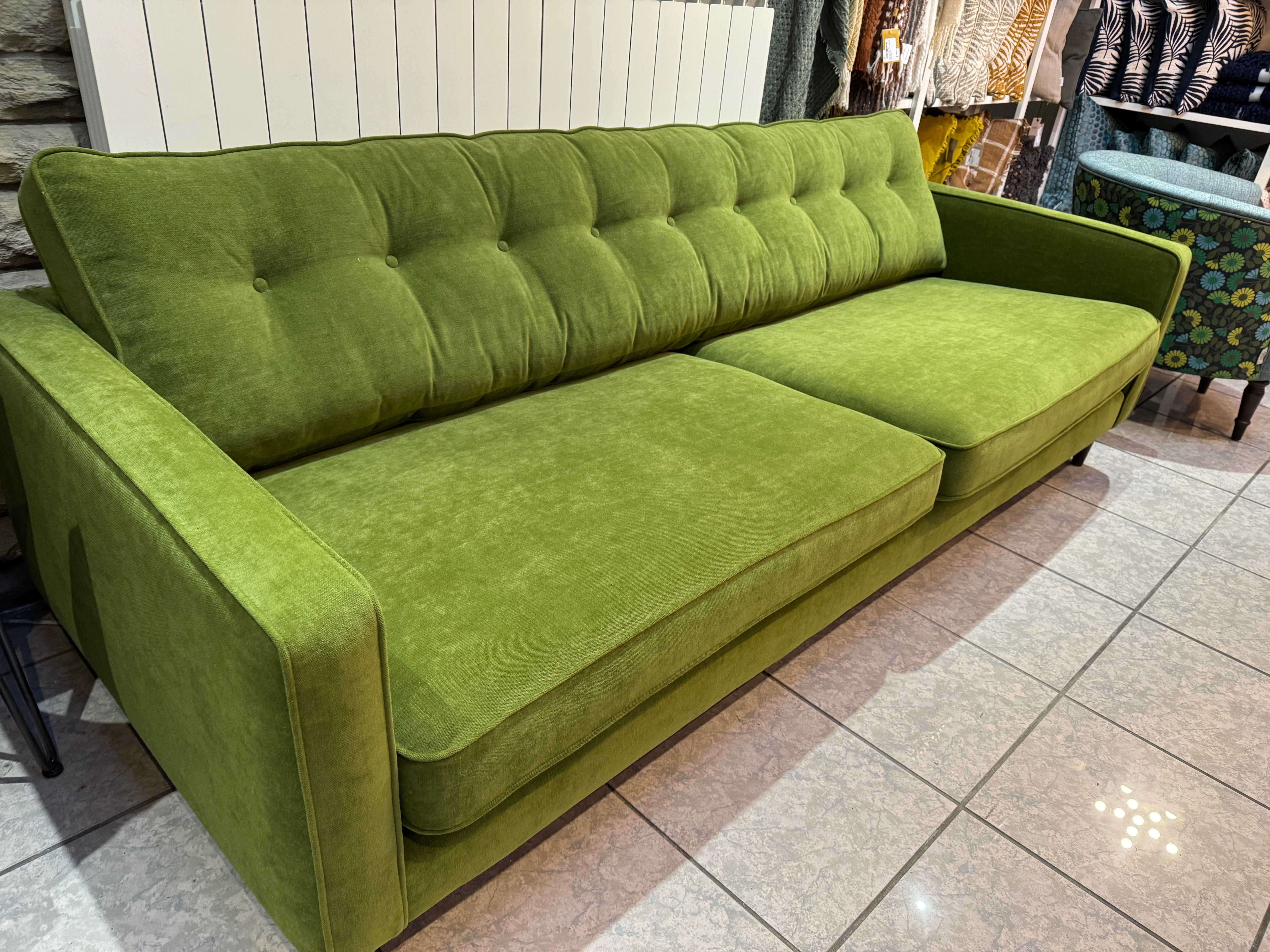 Orla Kiely large 4 seater sofa with bench style back cushion in Apple green brushed cotton fabric