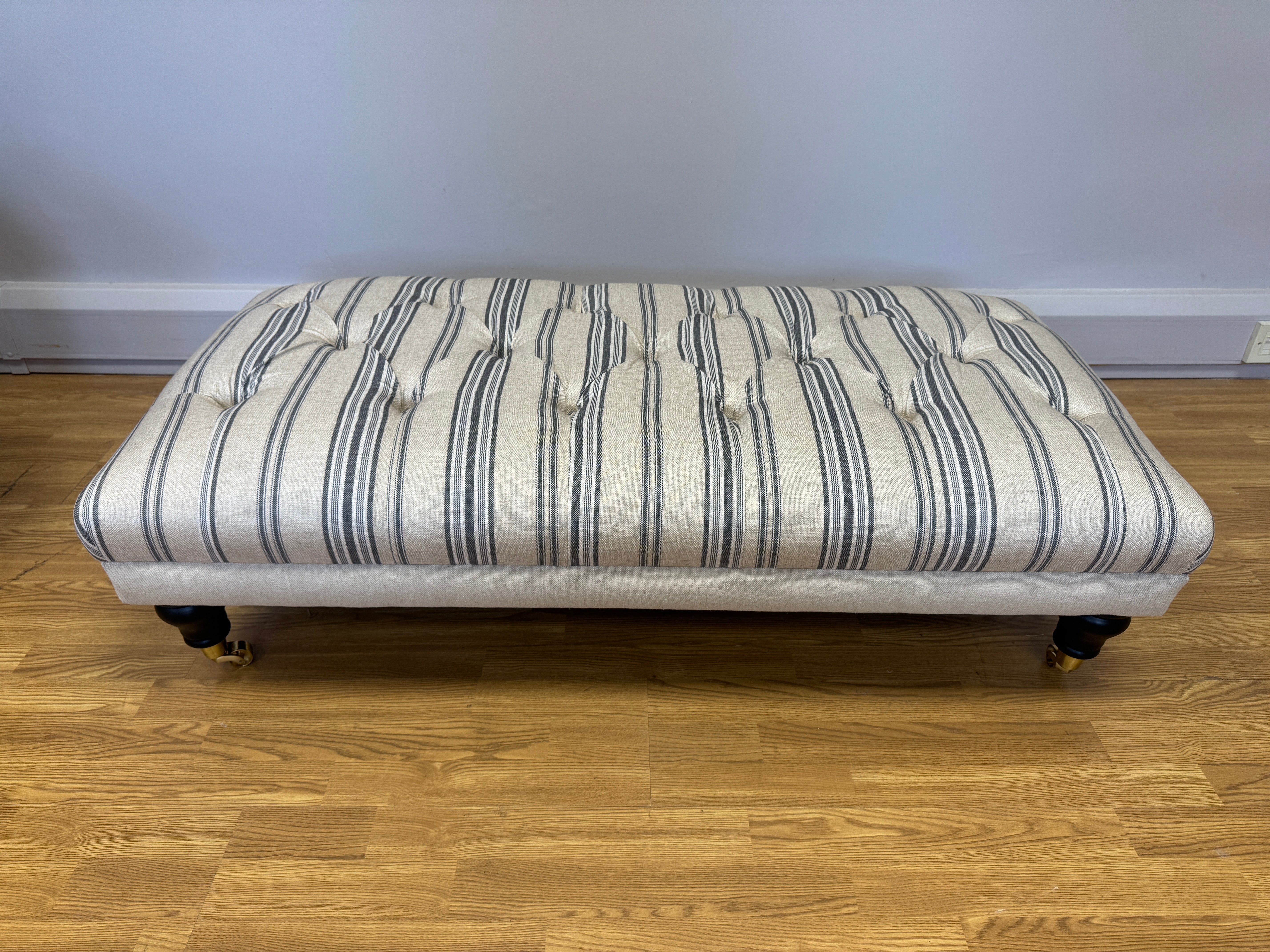 Boutique button top footstool in natural linen blue stripe fabric