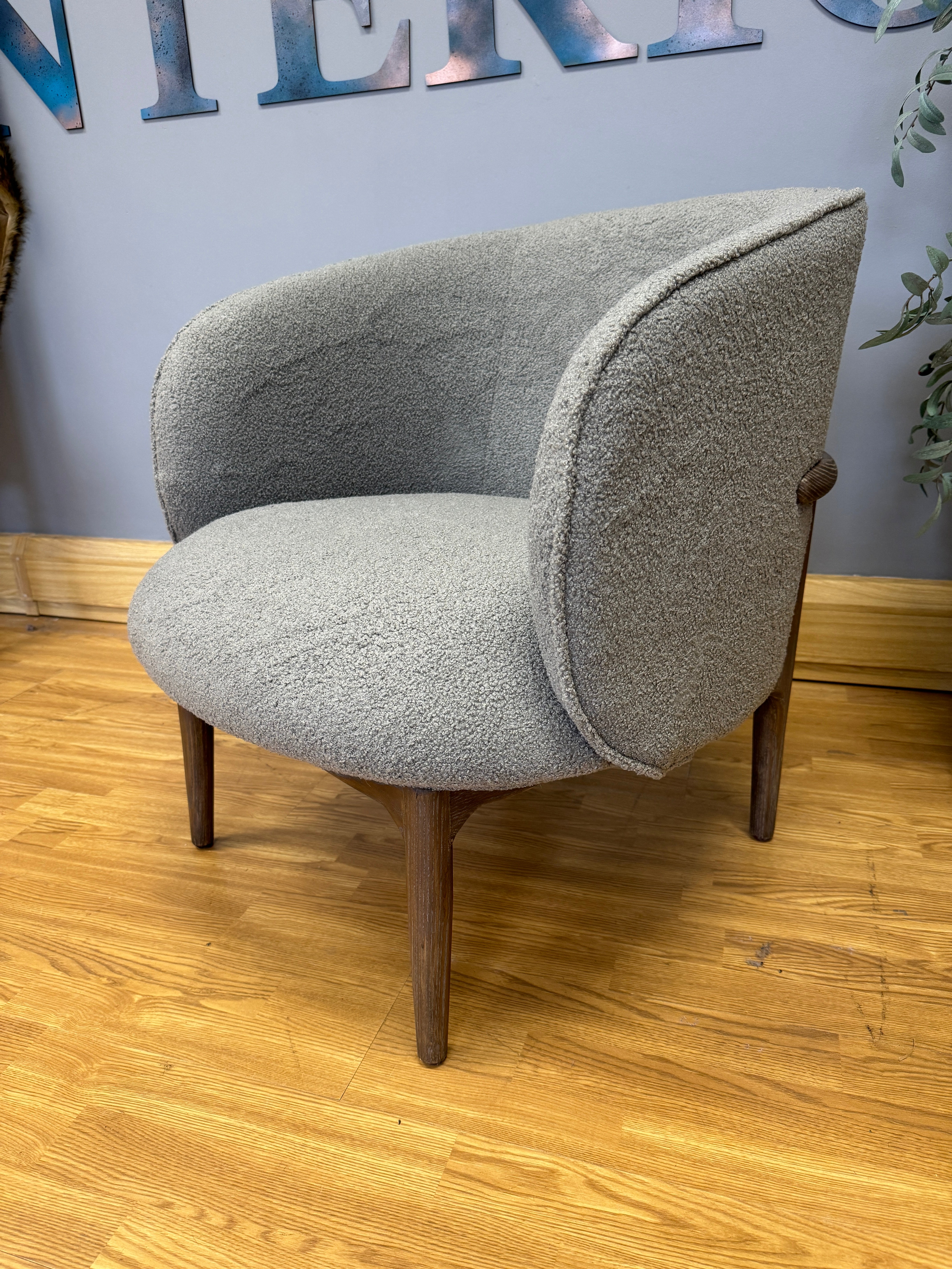 Flexure accent chair with grey boucle ash wooden frame