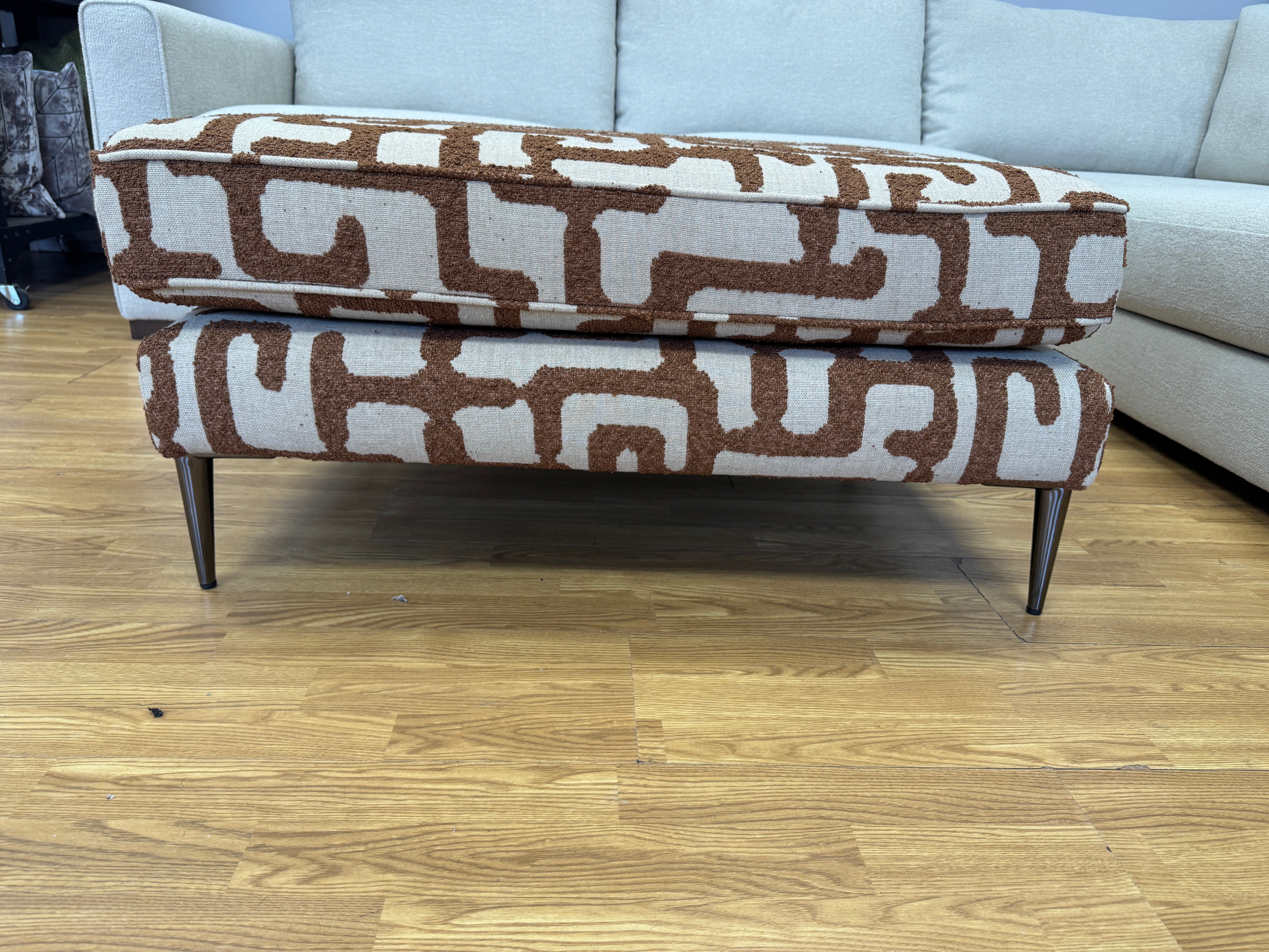 Tetbury padded top footstool in burnt orange & linen pattern fabric