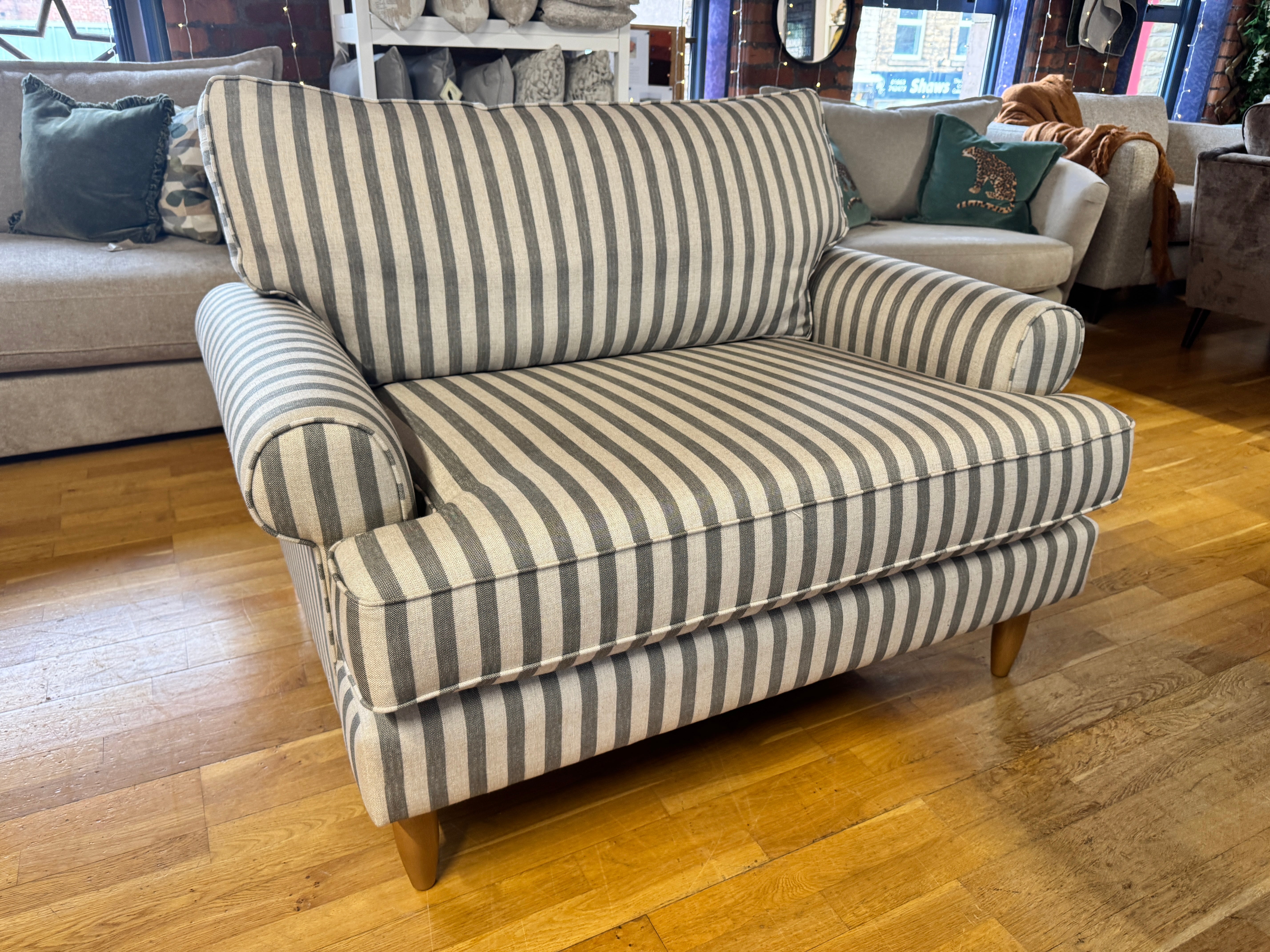 Finchley loveseat snuggle chair in linen mix grey stripe fabric