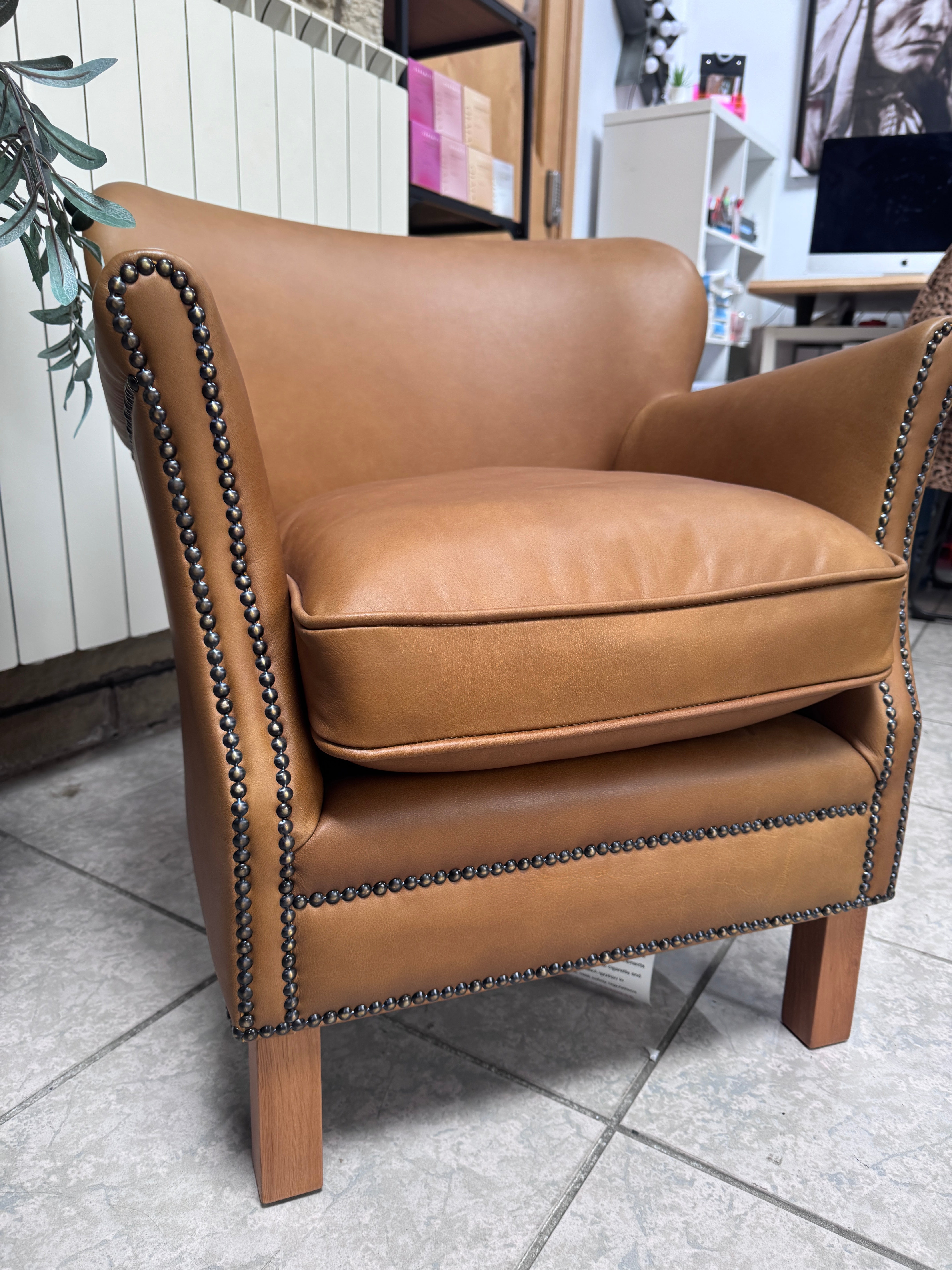 Adam accent chair in Tan brown leather with Natural linen reversible seat pad