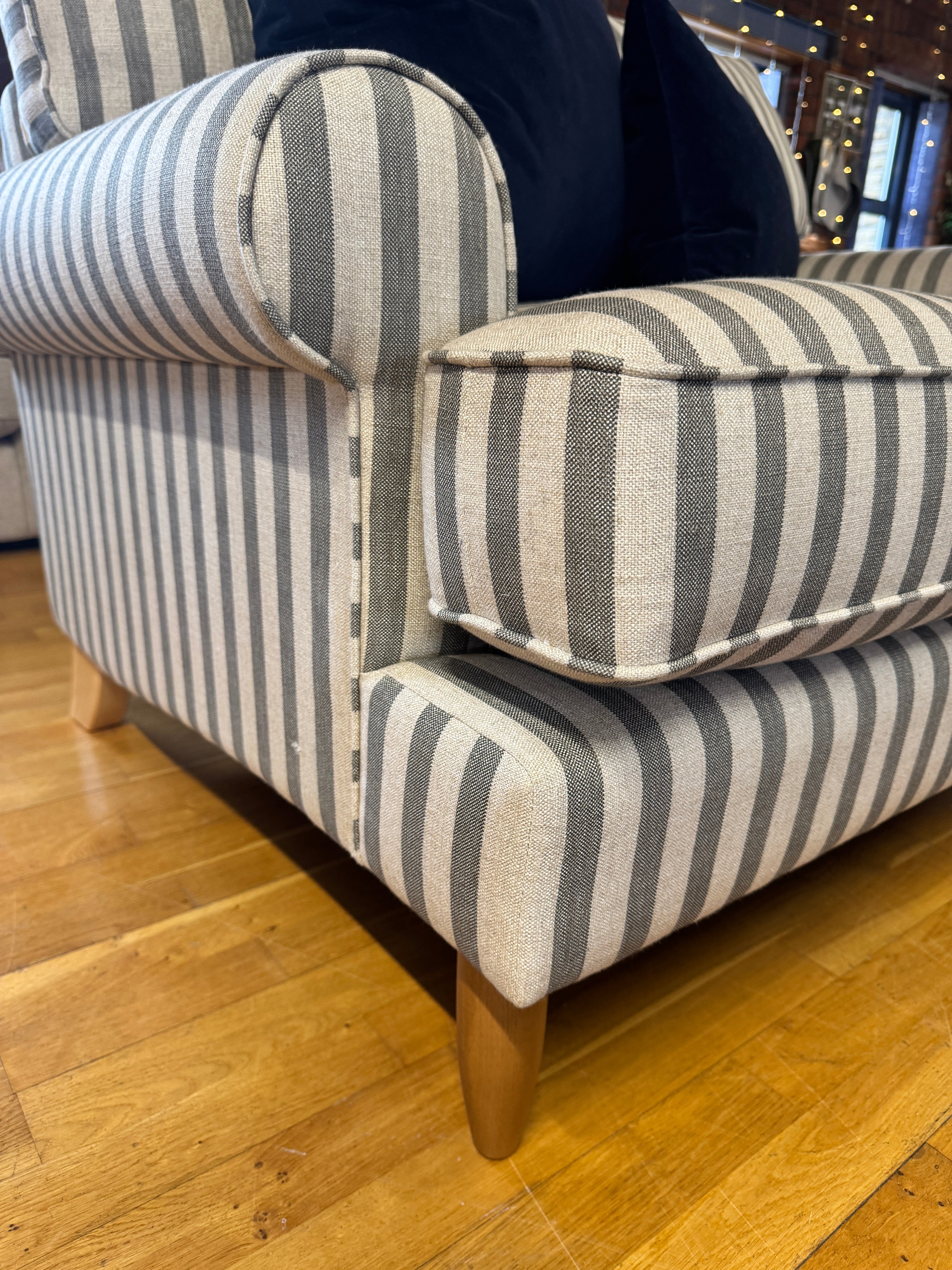 Finchley loveseat snuggle chair in linen mix grey stripe fabric