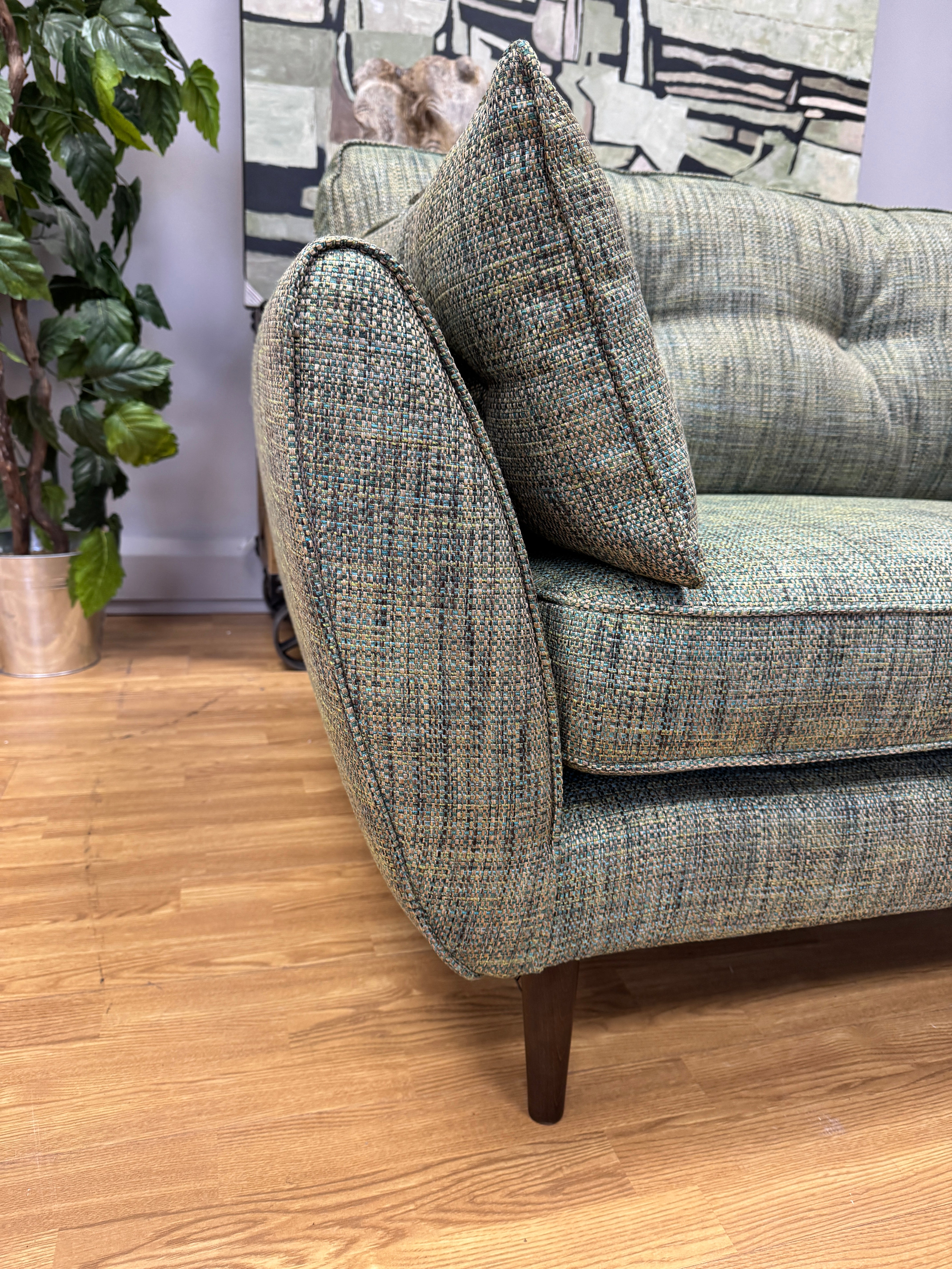 Zinc loveseat in Molten Fern green mix weave fabric