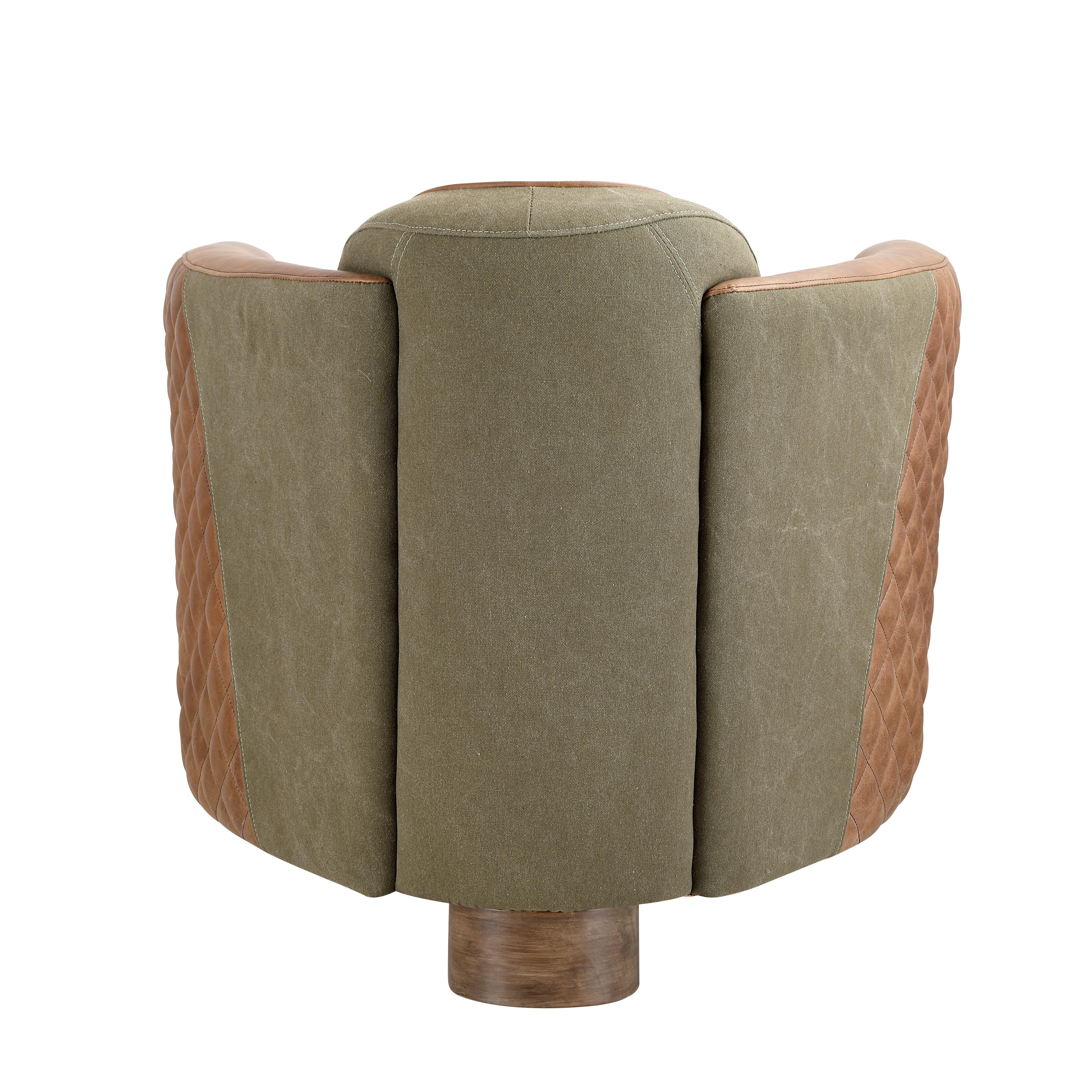 Vincent accent chair in quilted tan leather and khaki canvas