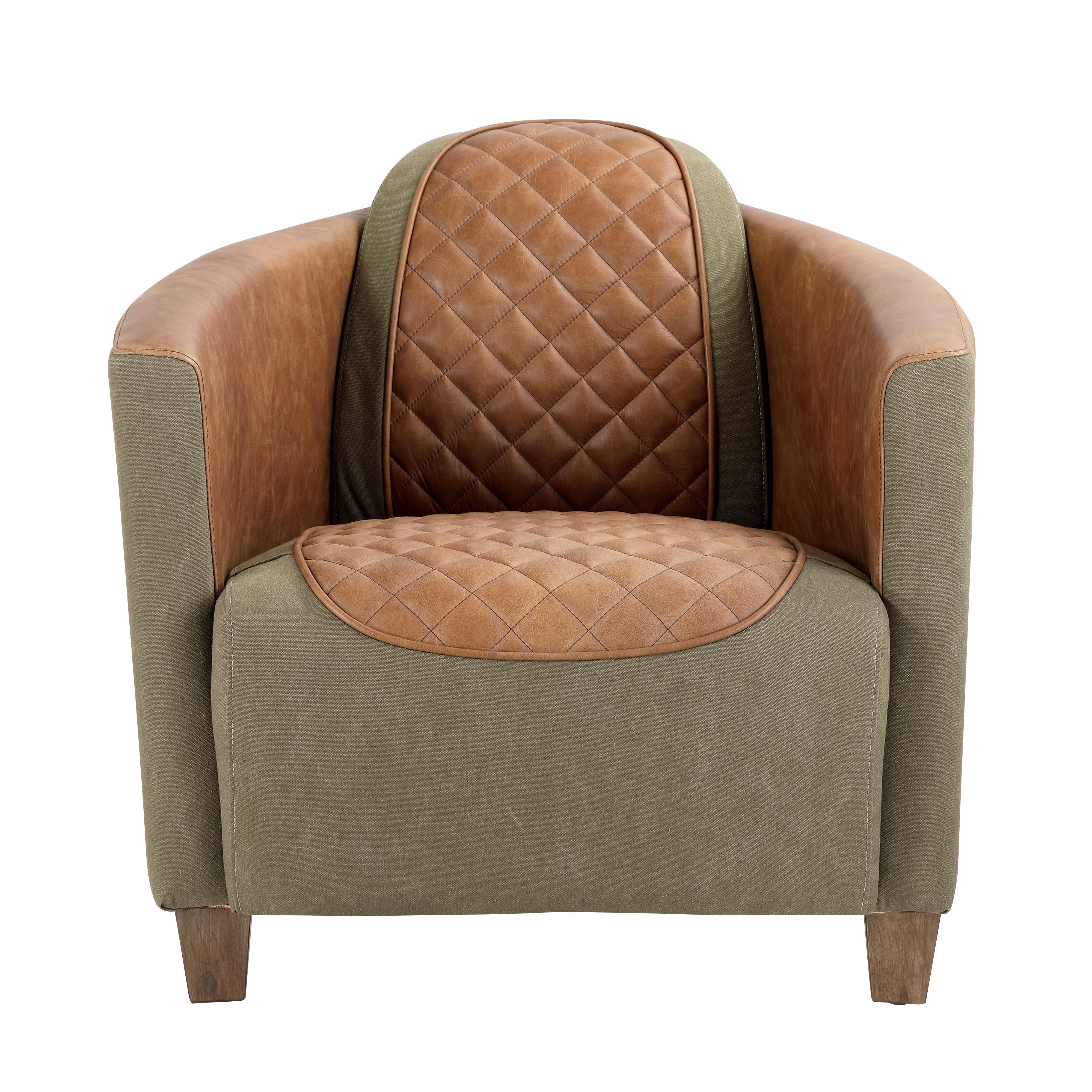 Vincent accent chair in quilted tan leather and khaki canvas
