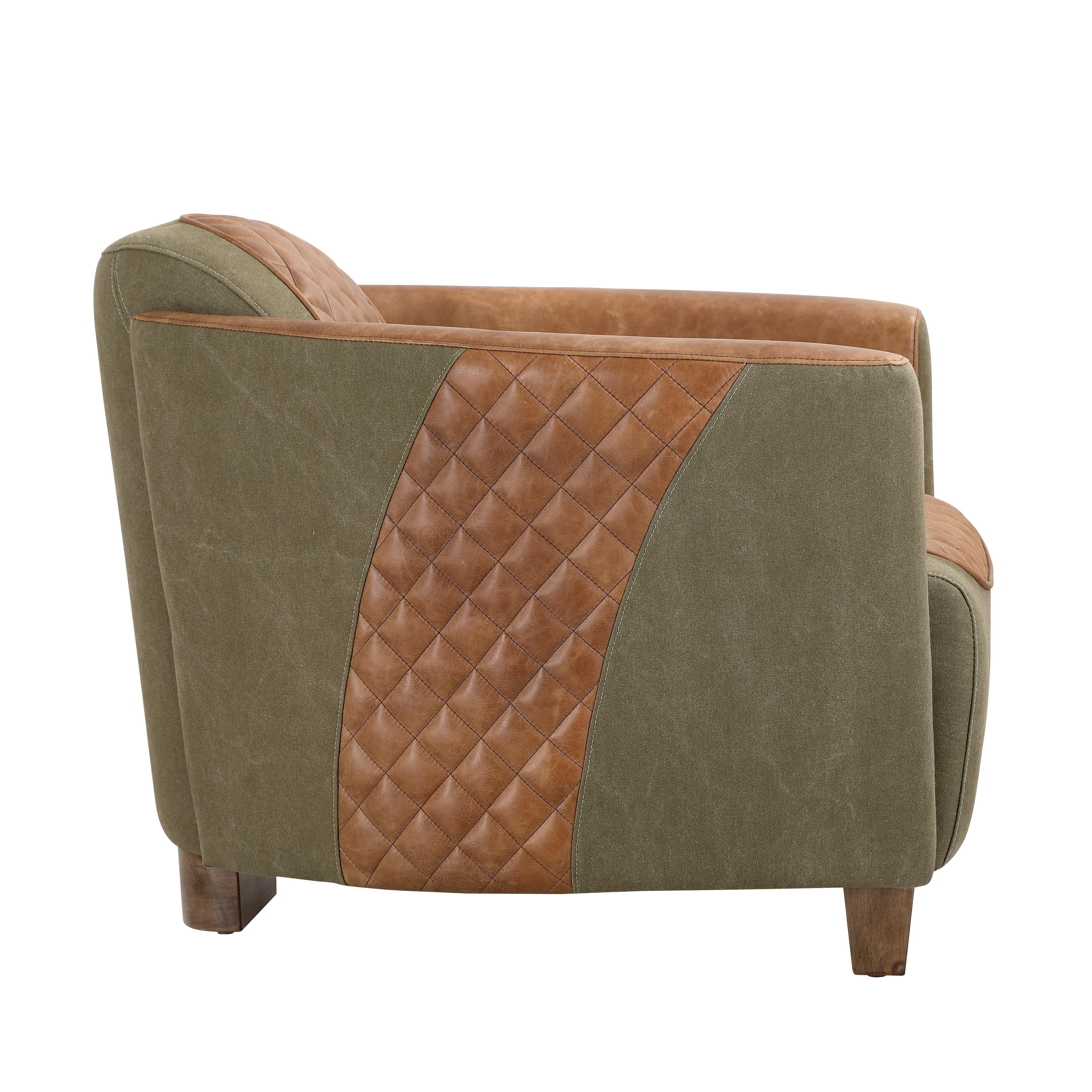 Vincent accent chair in quilted tan leather and khaki canvas