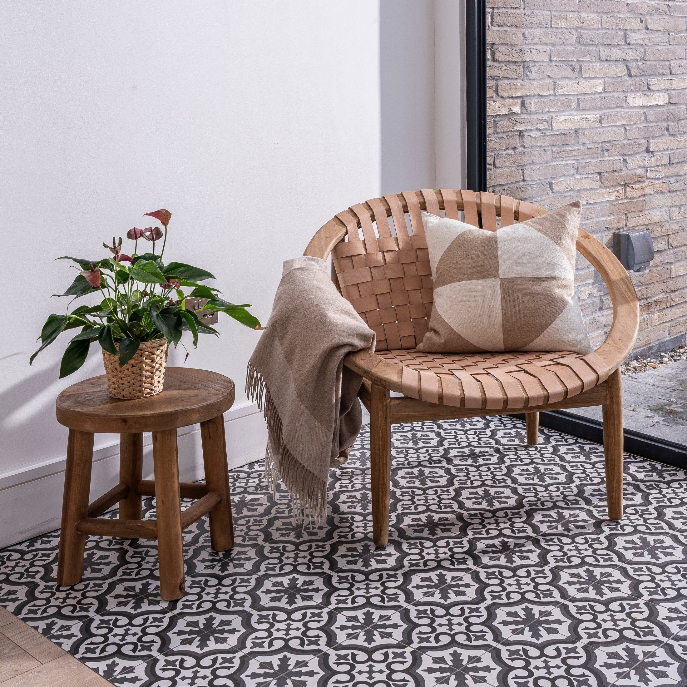 Gladstone moon shape wooden frame leather accent chair