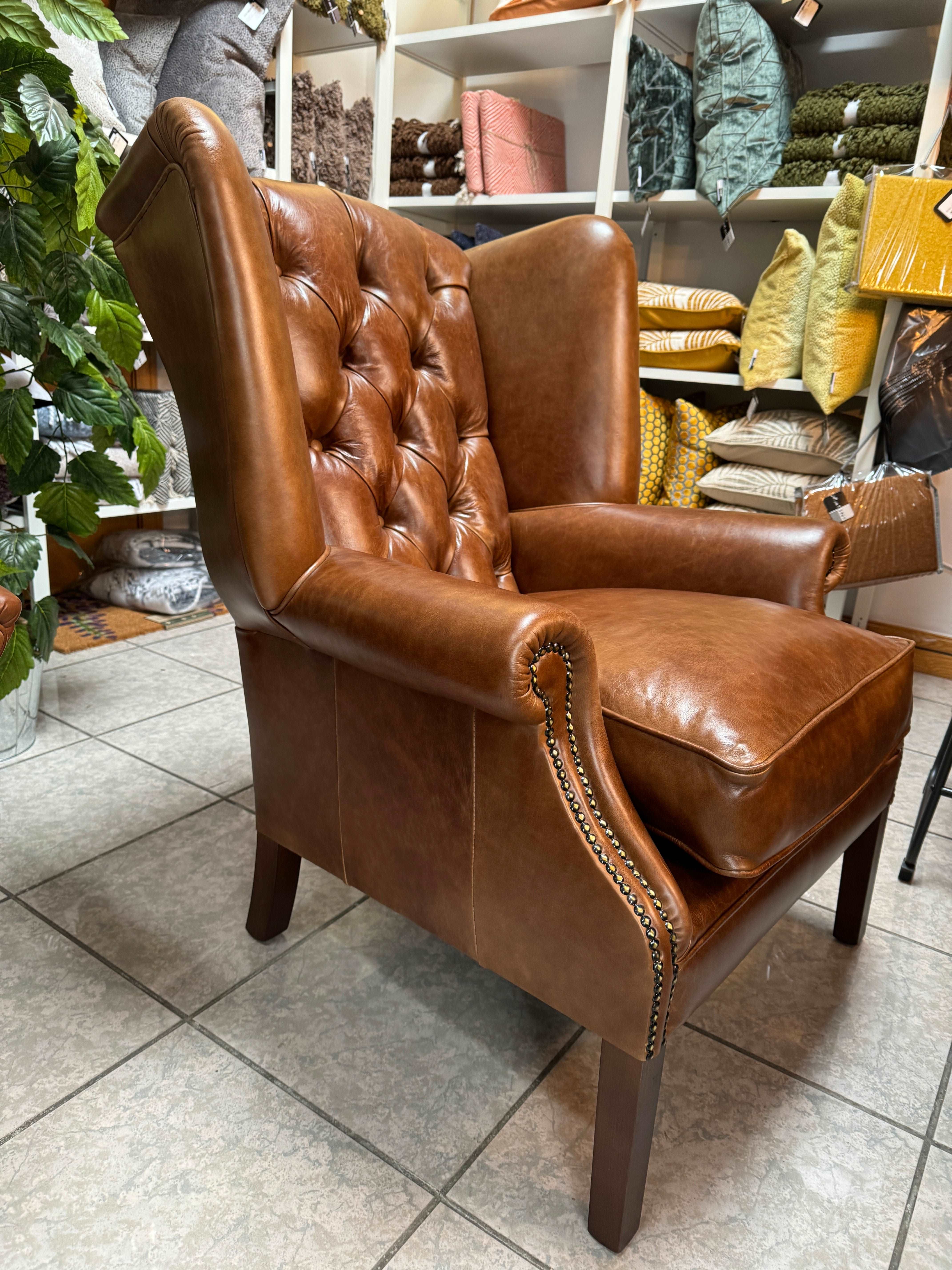 BUCKINGHAM Wing Armchair in Full Antique Whiskey Leather