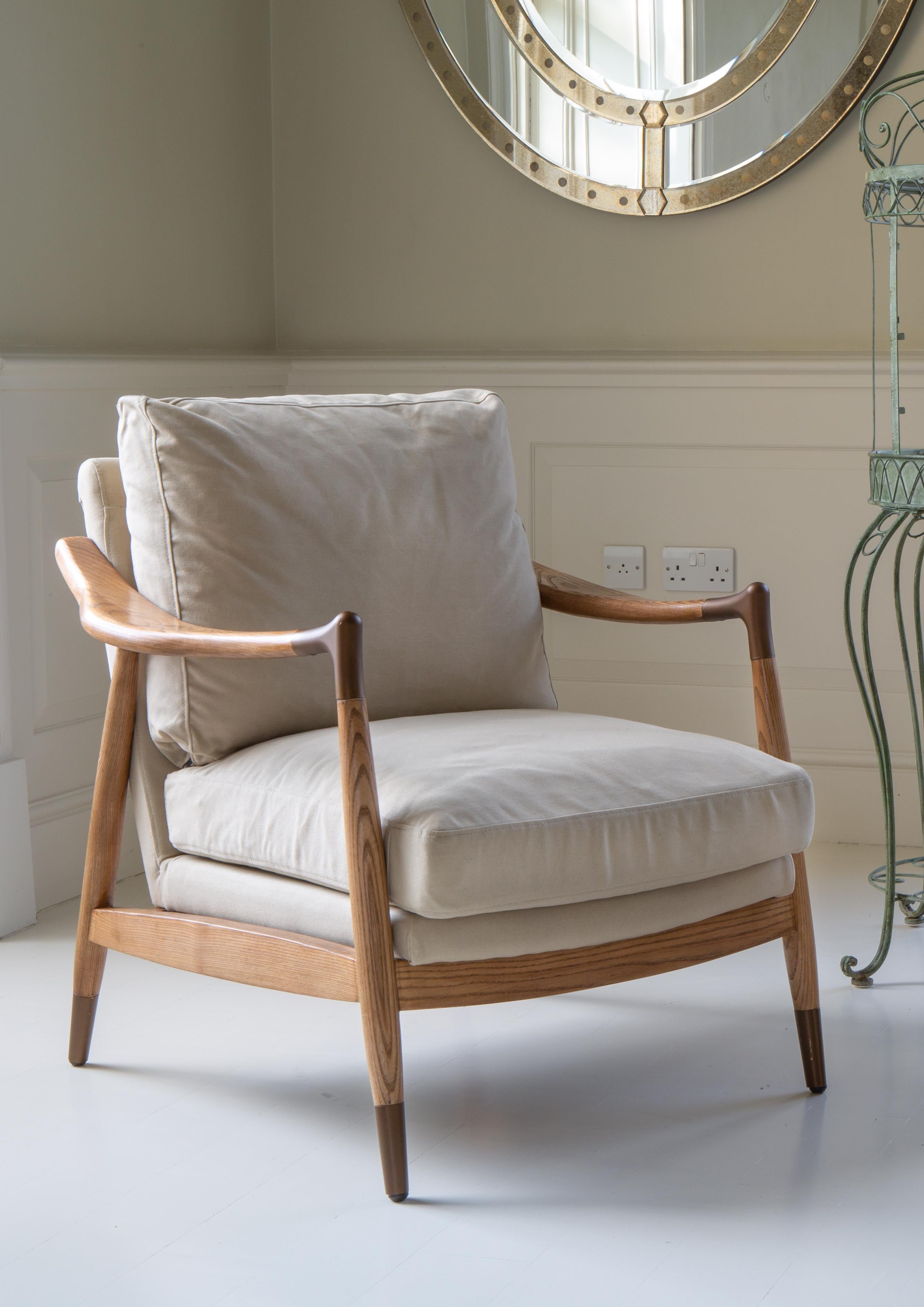 Alfie accent chair in natural linen with polished Ash wooden frame