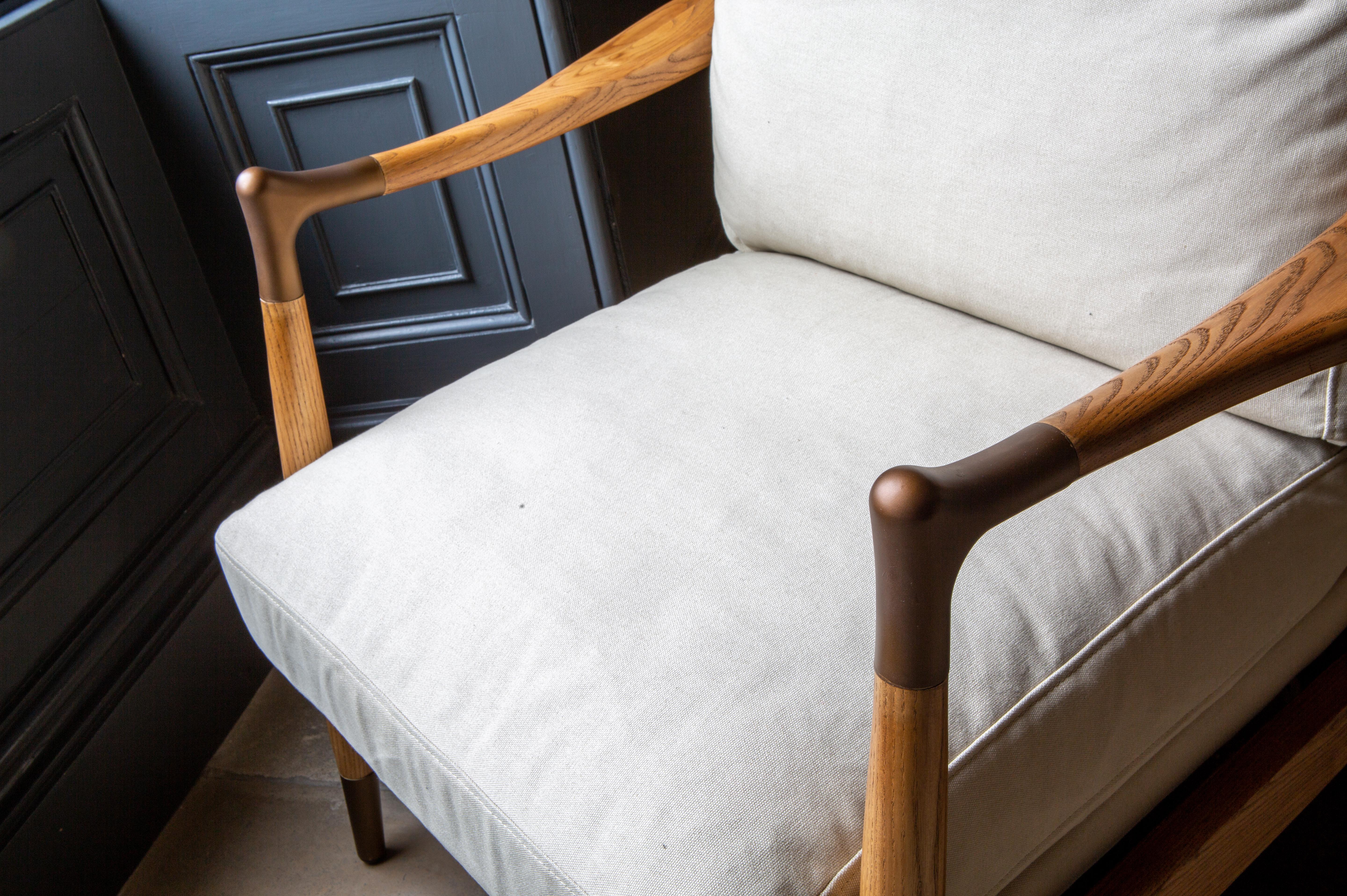 Alfie accent chair in natural linen with polished Ash wooden frame