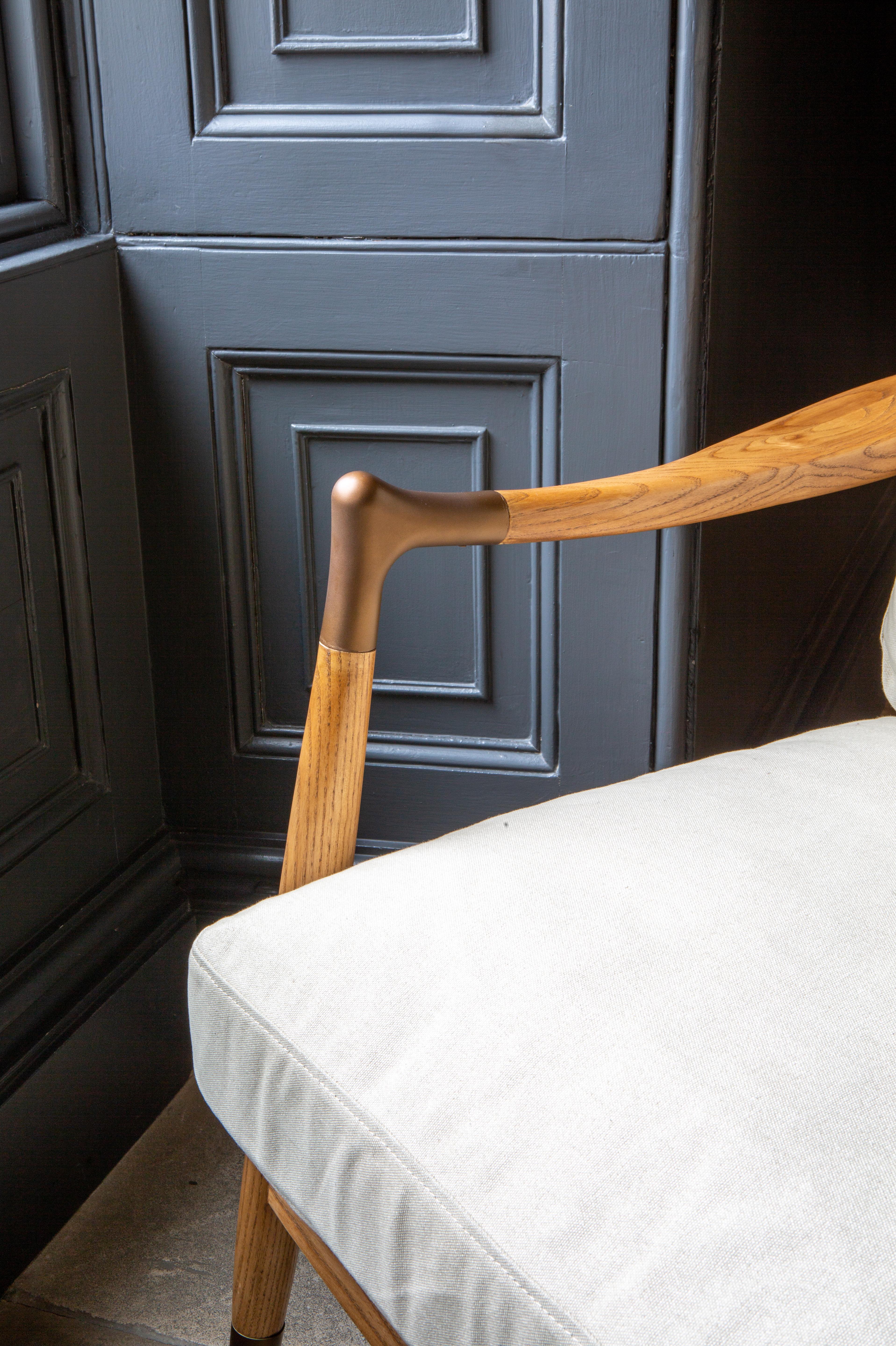 Alfie accent chair in natural linen with polished Ash wooden frame