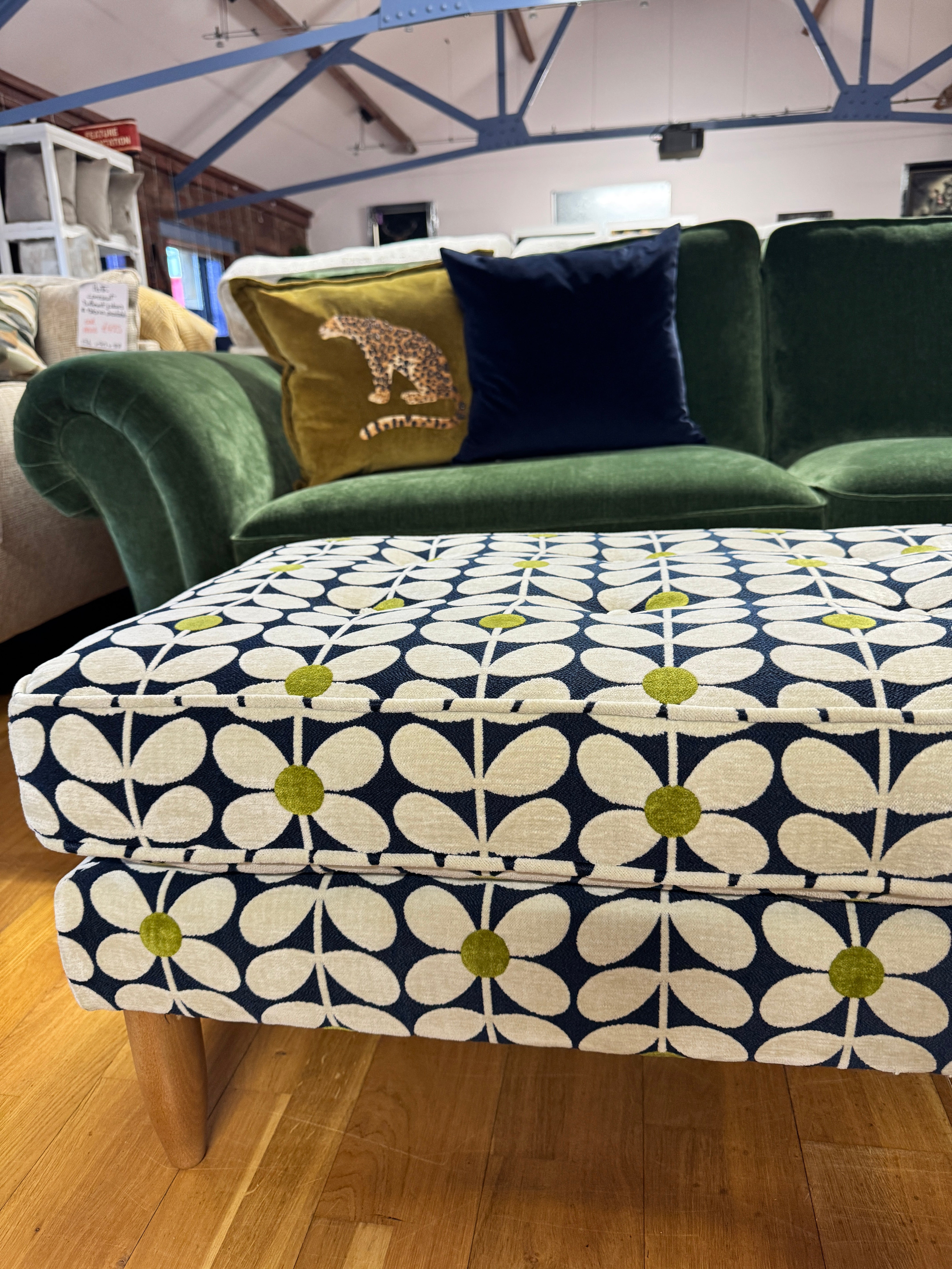 Ebben large bench style footstool in Sixties Stem print Dusk fabric