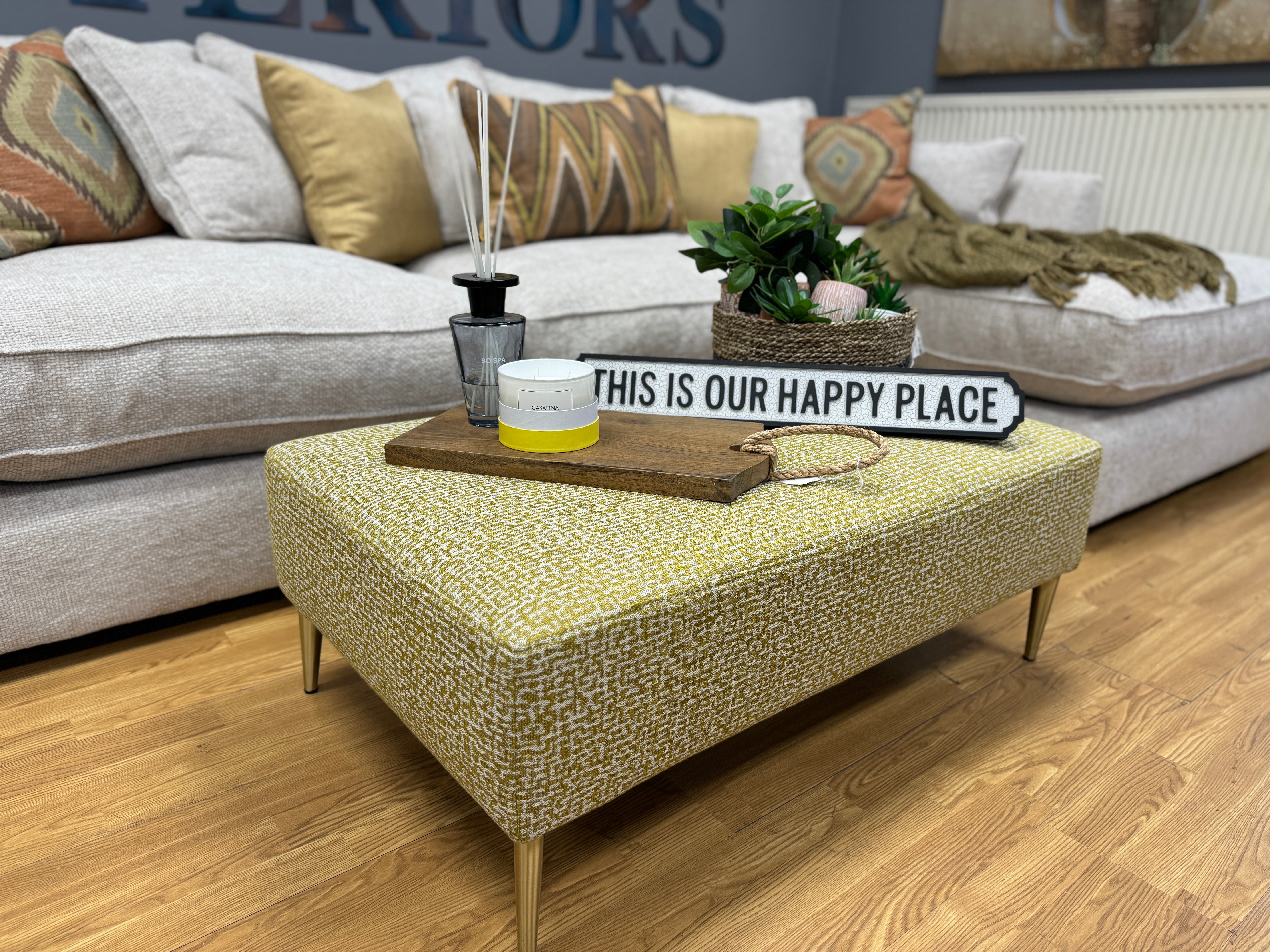 BEAU footstool side table in removable mustard yellow pattern fabric