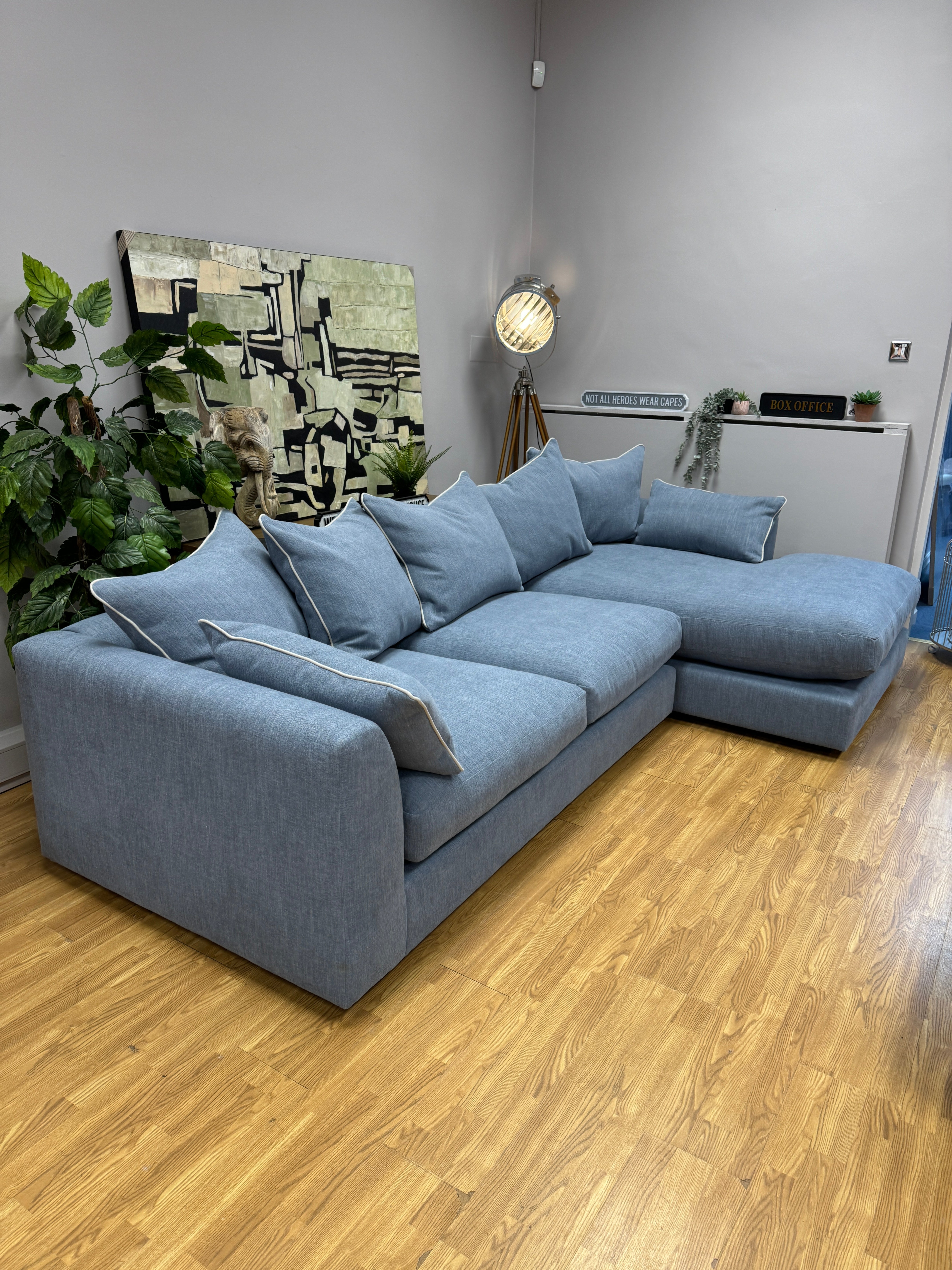 George XL 2 piece right facing chaise sofa in light blue fabric